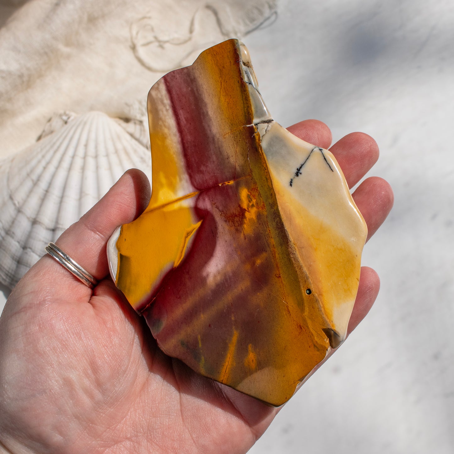 Hand holding a polished stone with a colorful pattern against a blurred natural background