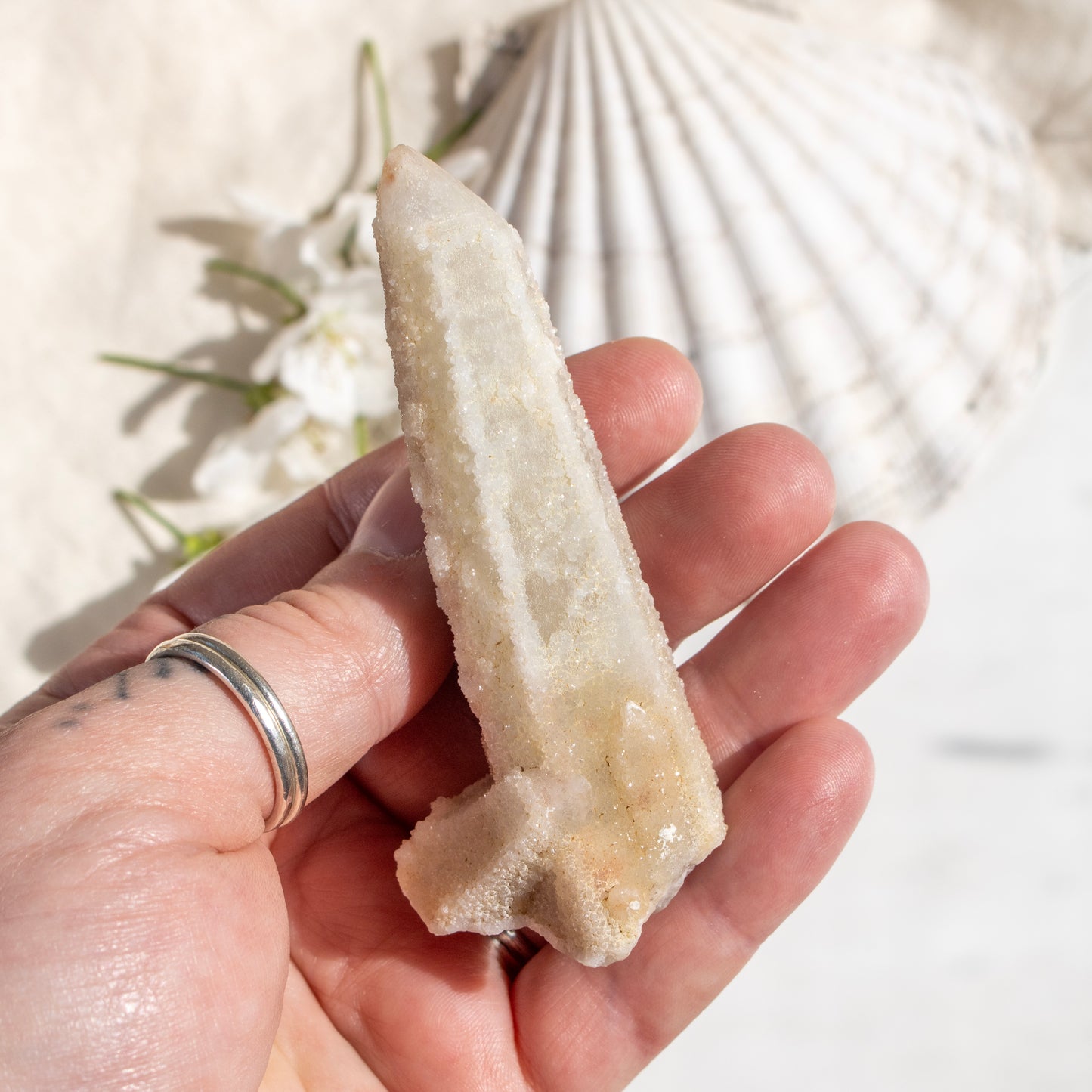 Hand holding a crystal with a white background