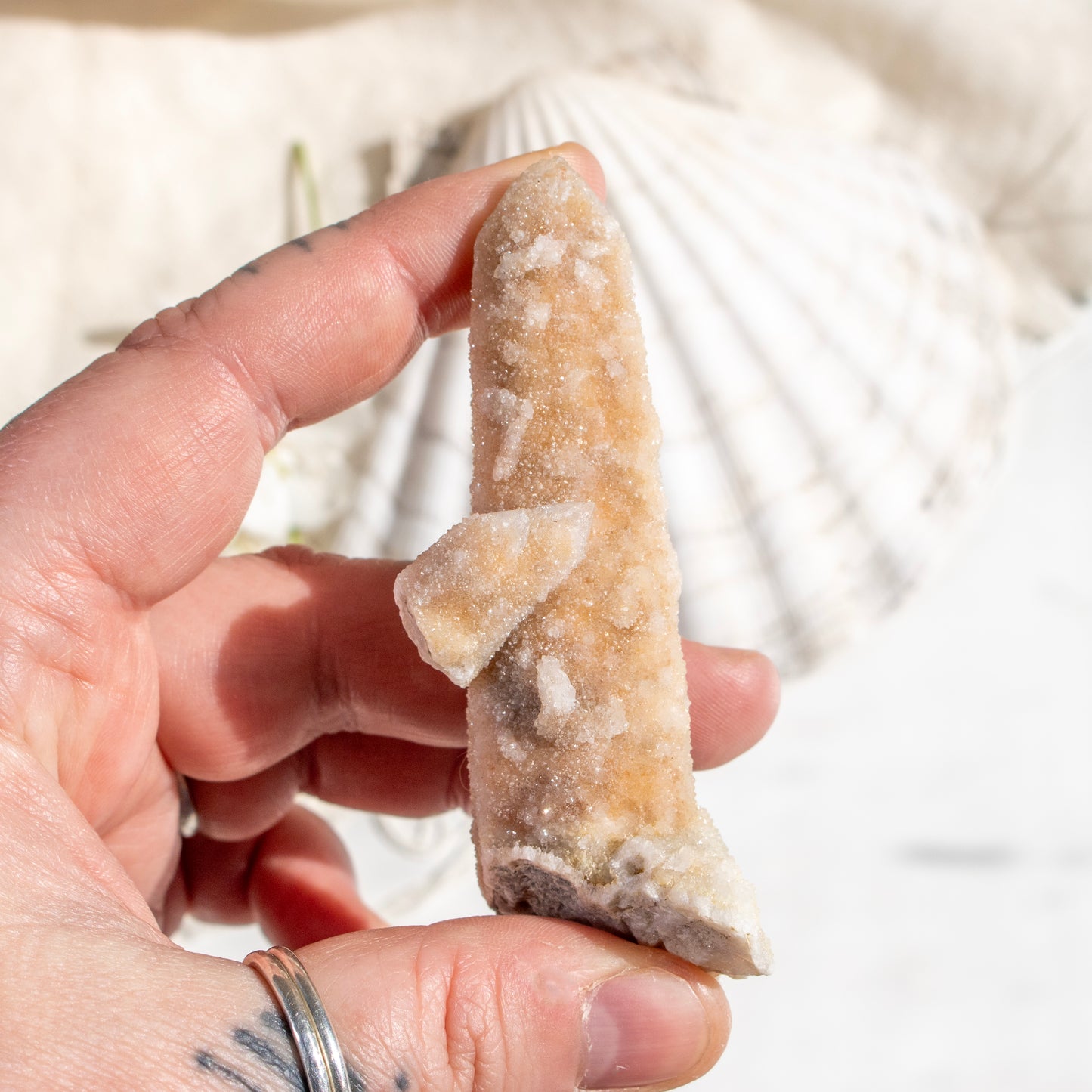 Hand holding a crystal with a blurred natural background