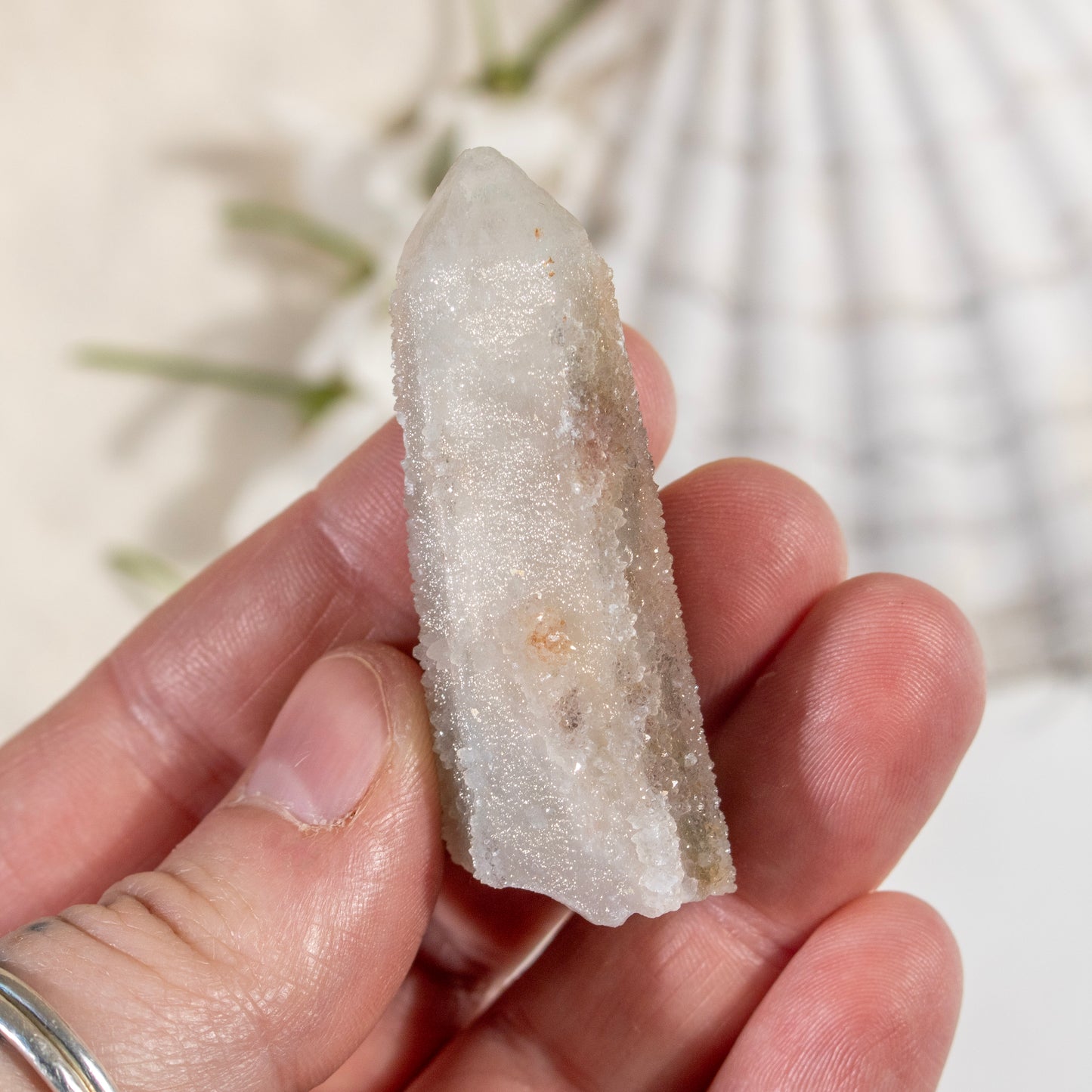Hand holding a crystal with a blurred natural background