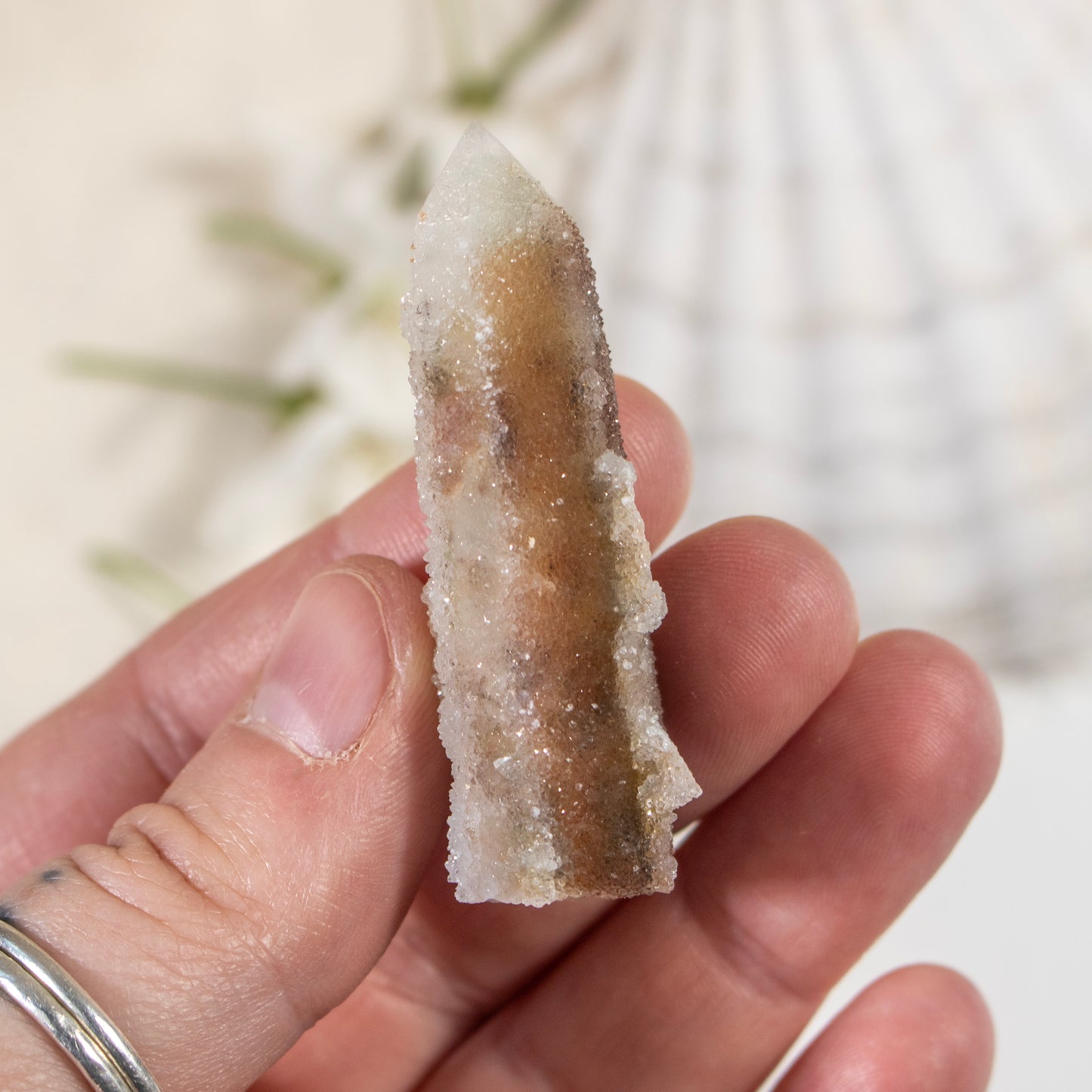 Hand holding a crystal with a blurred natural background