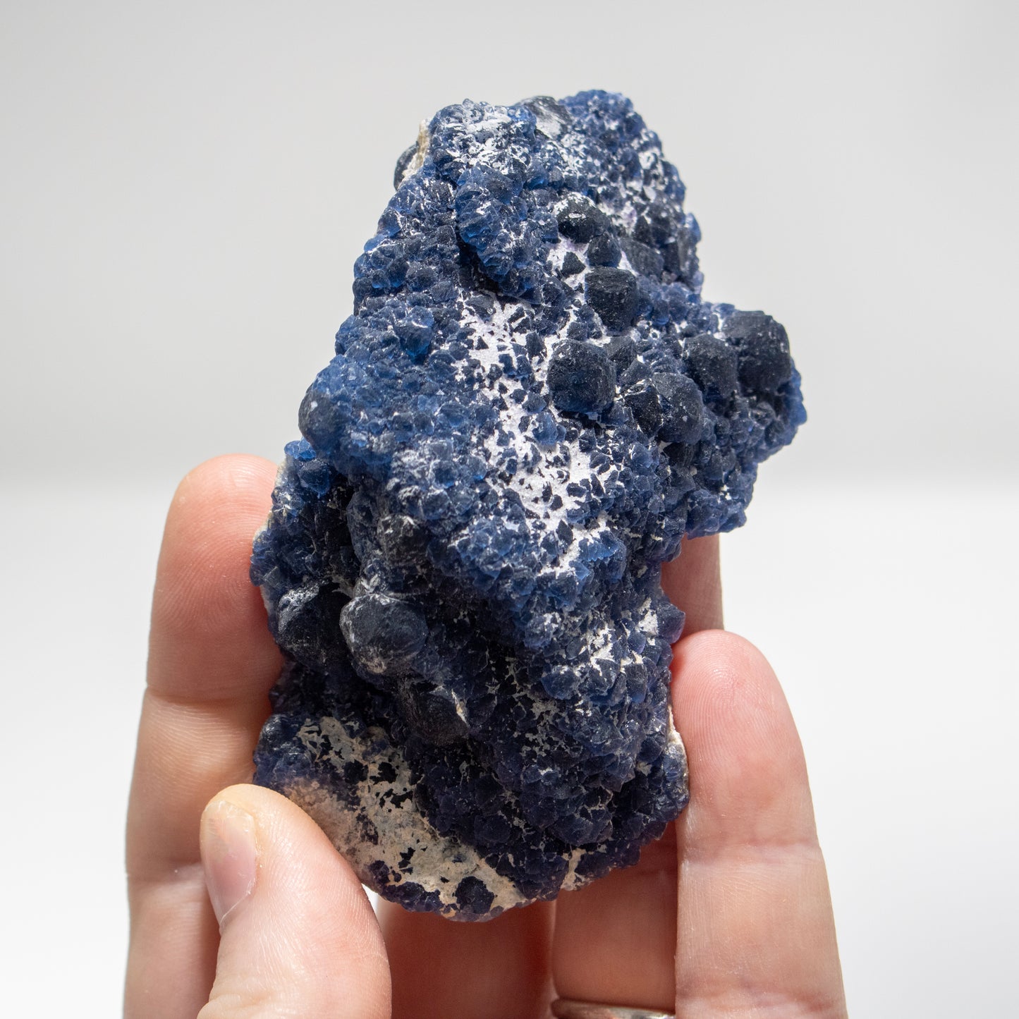 Hand holding a blue mineral specimen against a white background