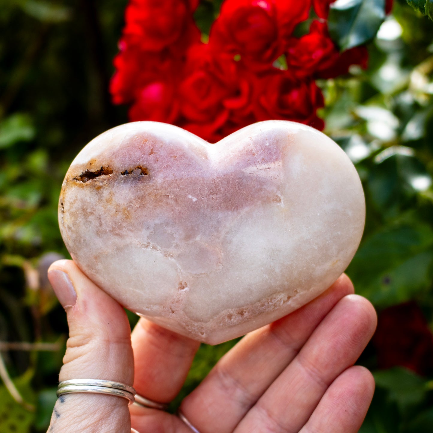 Heart-shaped stone held in a hand with red flowers in the background