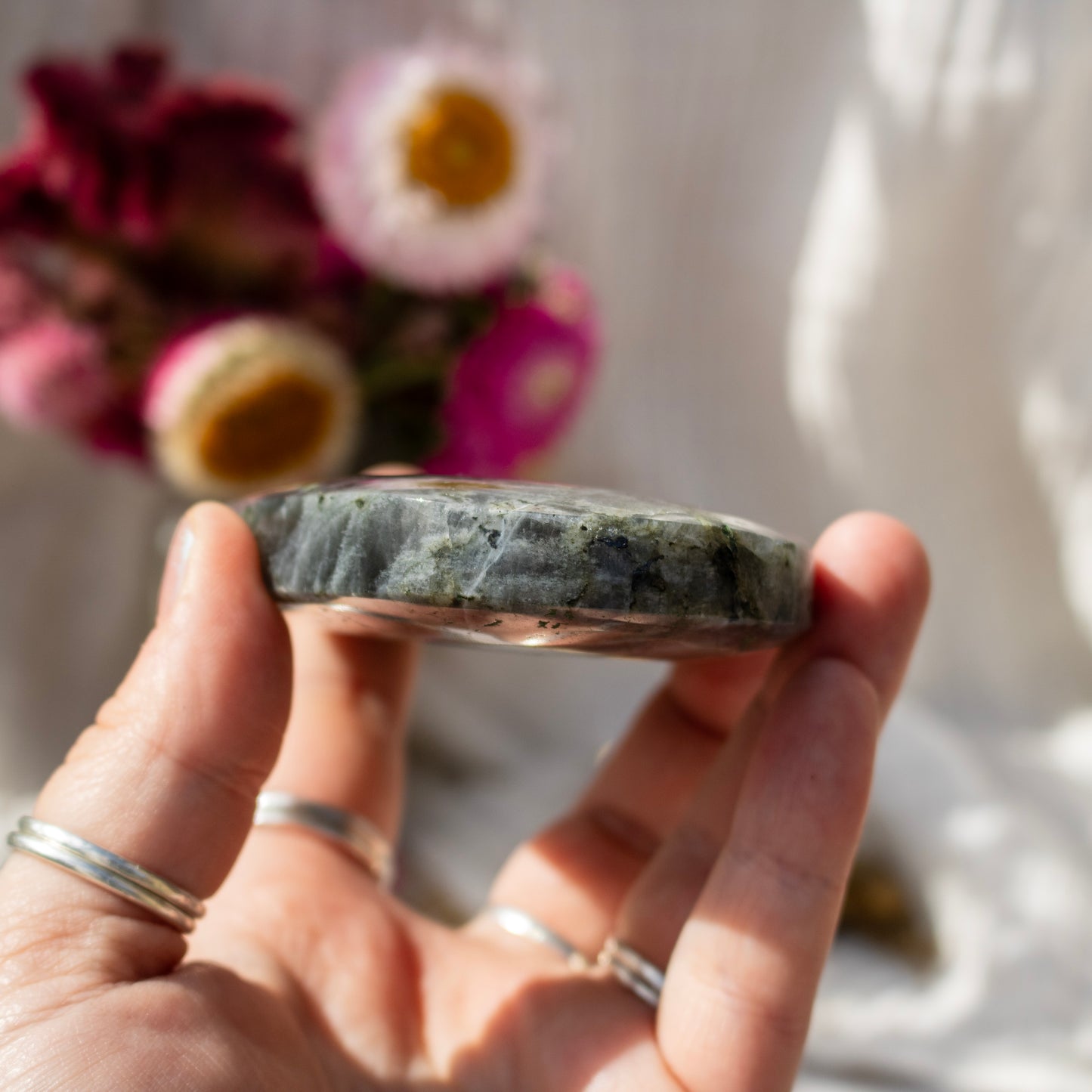 Hand holding a stone with flowers in the background