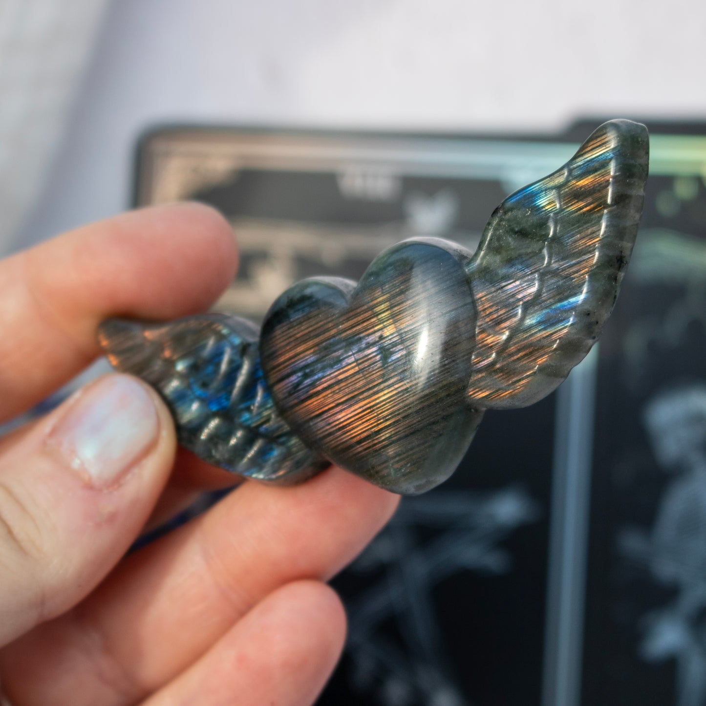 Carved Labradorite Heart with Wings