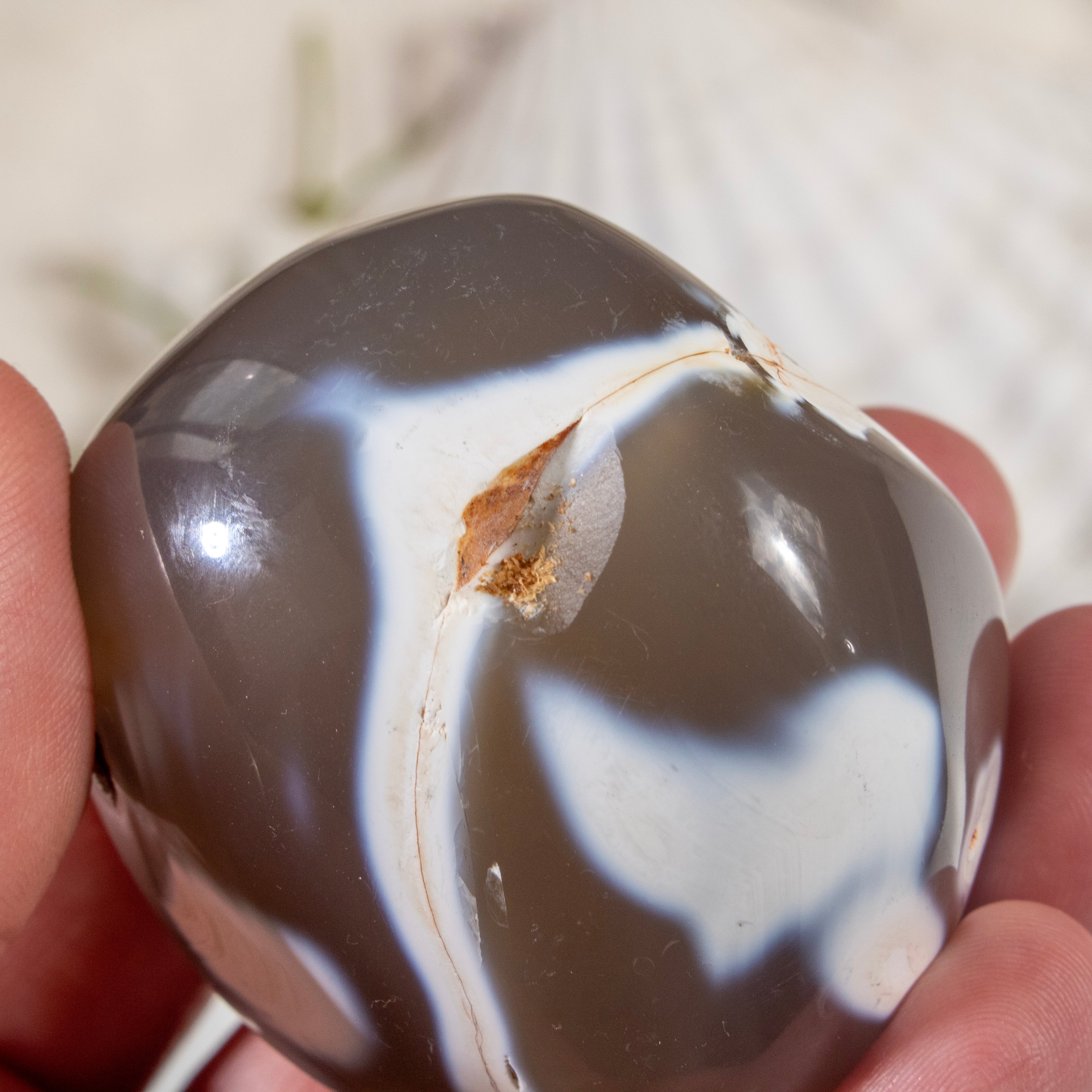 Person holding a marbled stone with brown and white patterns