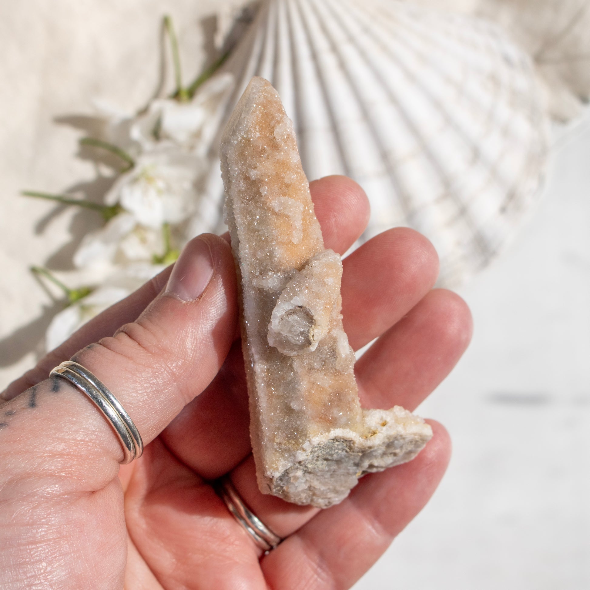 Hand holding a crystal with a blurred natural background