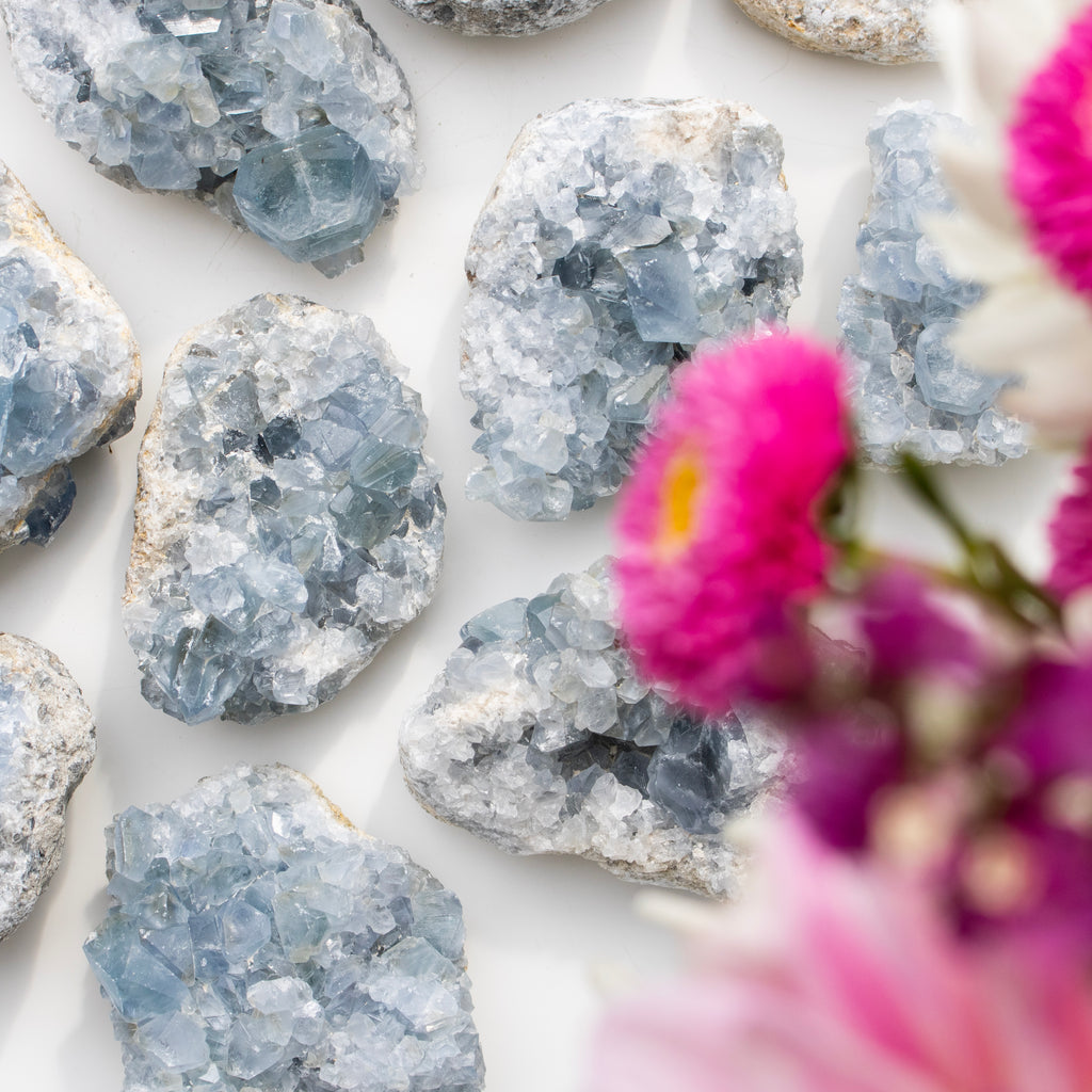 Geode crystals with pink flowers on a white background