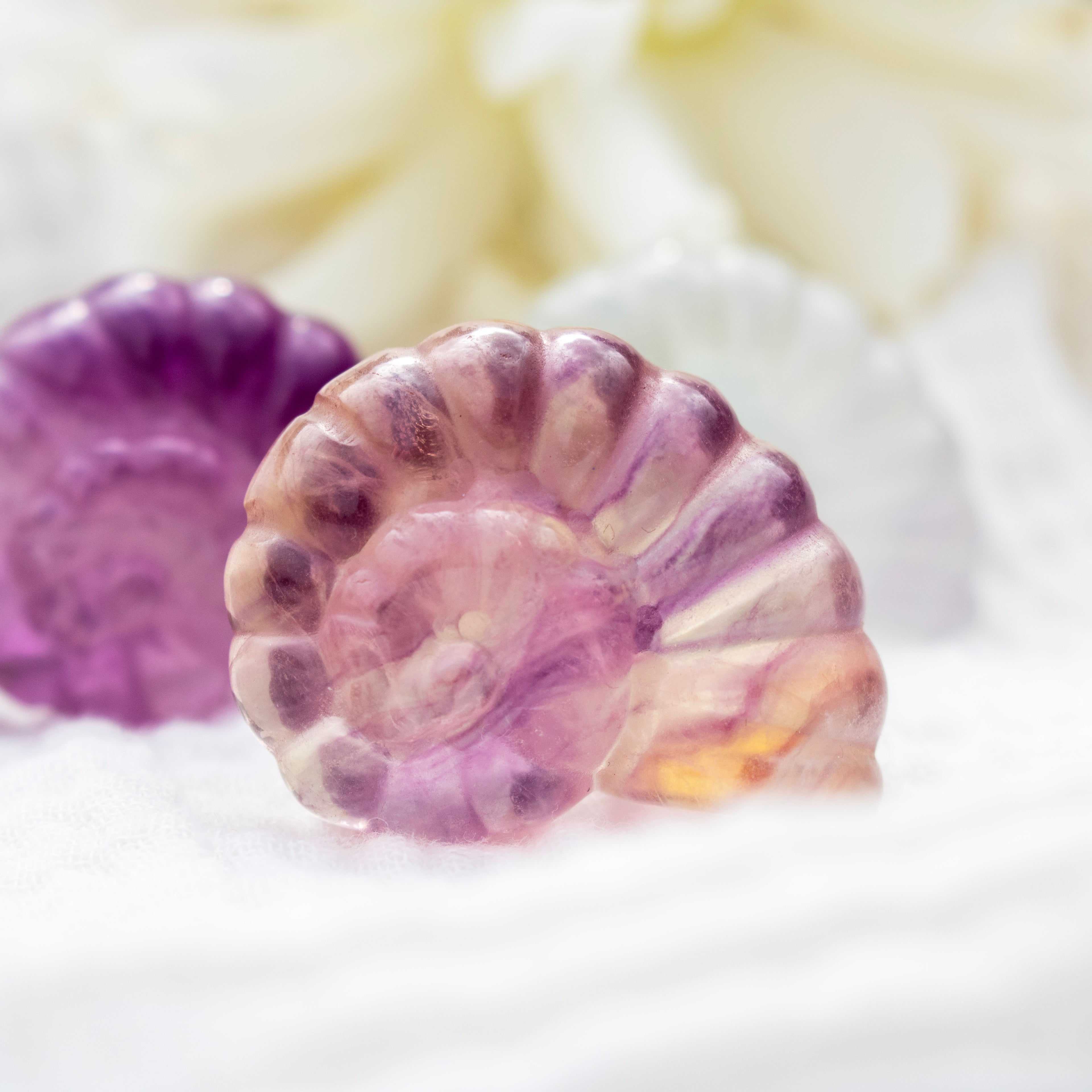 Marbled purple and pink fluorite shell on a white background