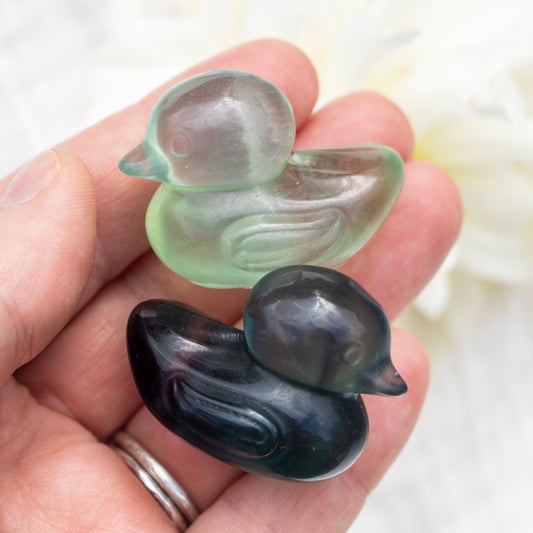 Two fluorite duck-shaped crystals, one green and one black, held in a hand against a blurred background.