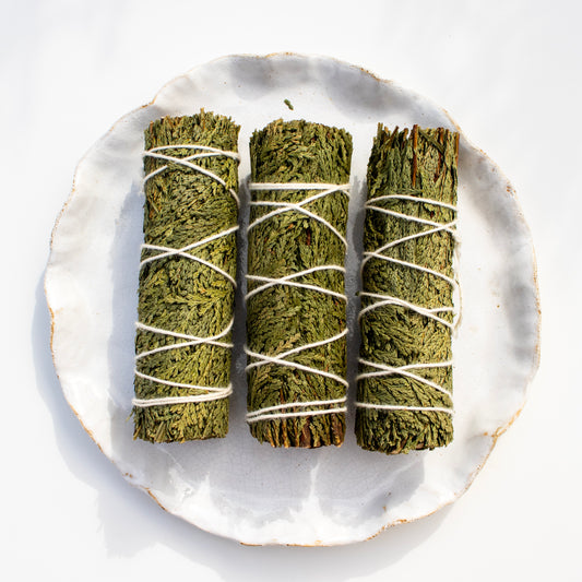Three green cedar smudge sticks on a white plate with a white background