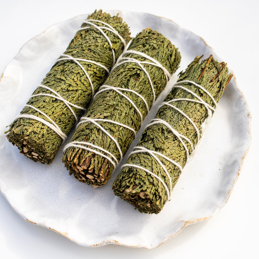 Three bundles of green cedar tied with white string on a white ceramic plate.