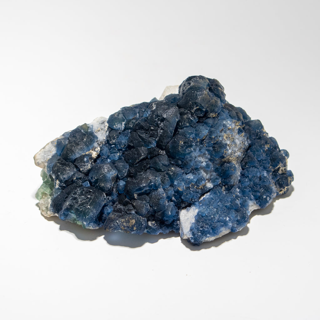 Blue mineral specimen on a white background