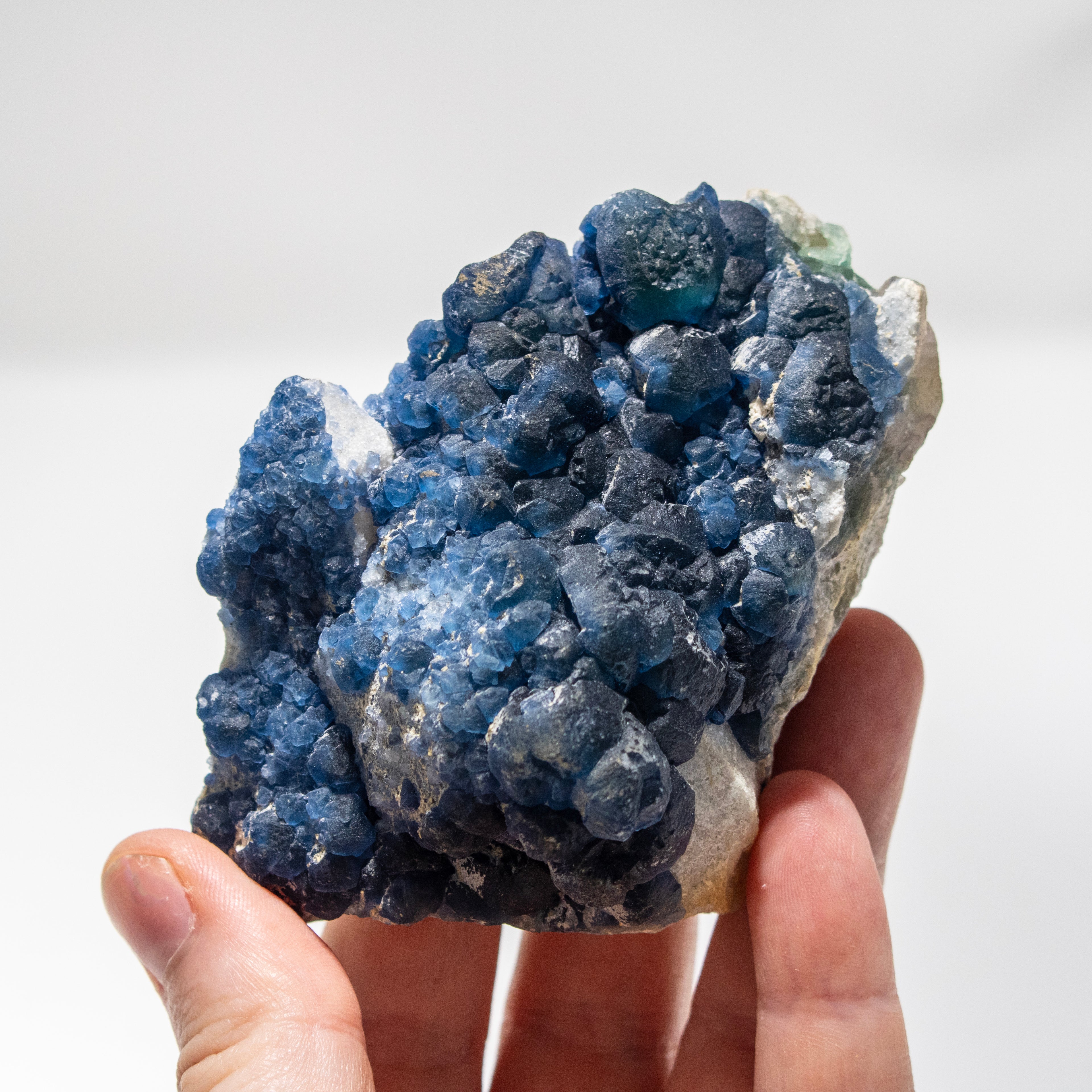 Hand holding a blue crystal cluster against a white background