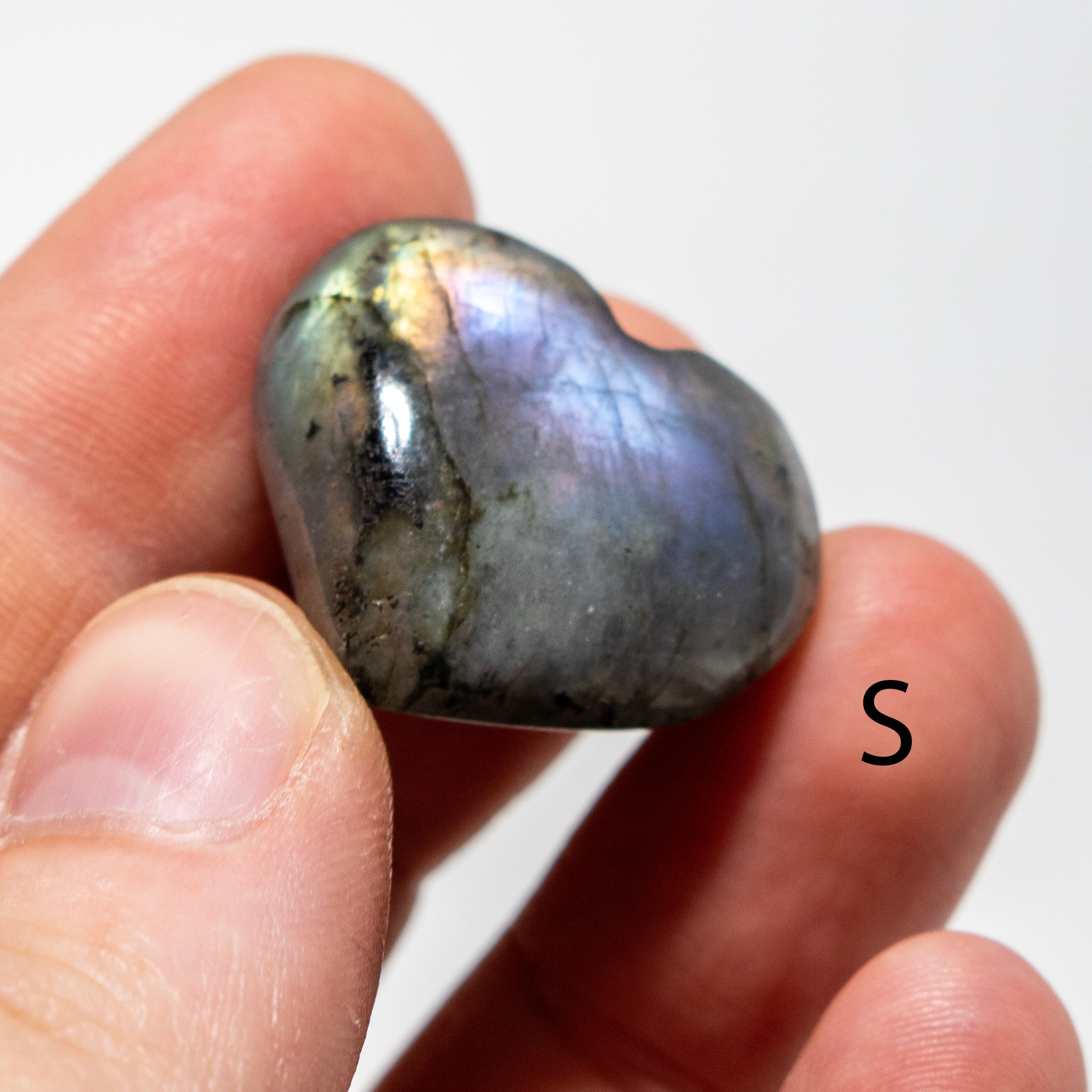 Hand holding a labradorite stone with a white background