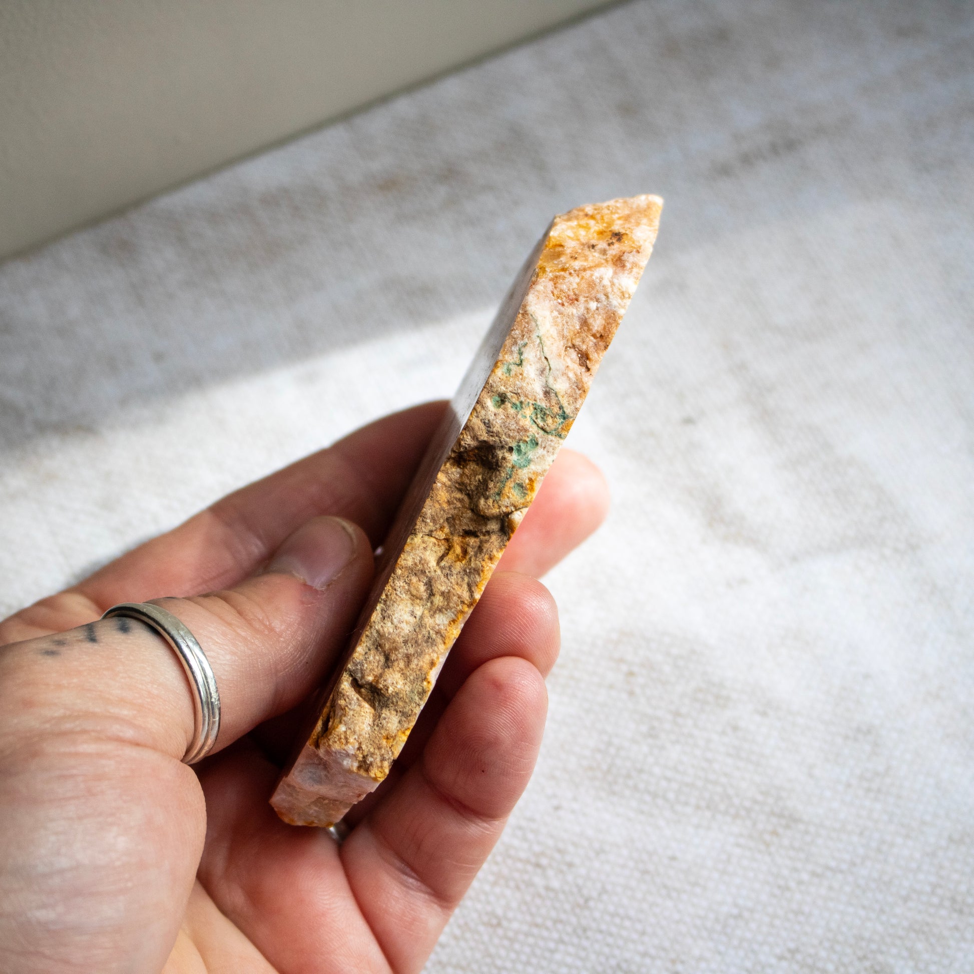 Hand holding a polished stone against a neutral background