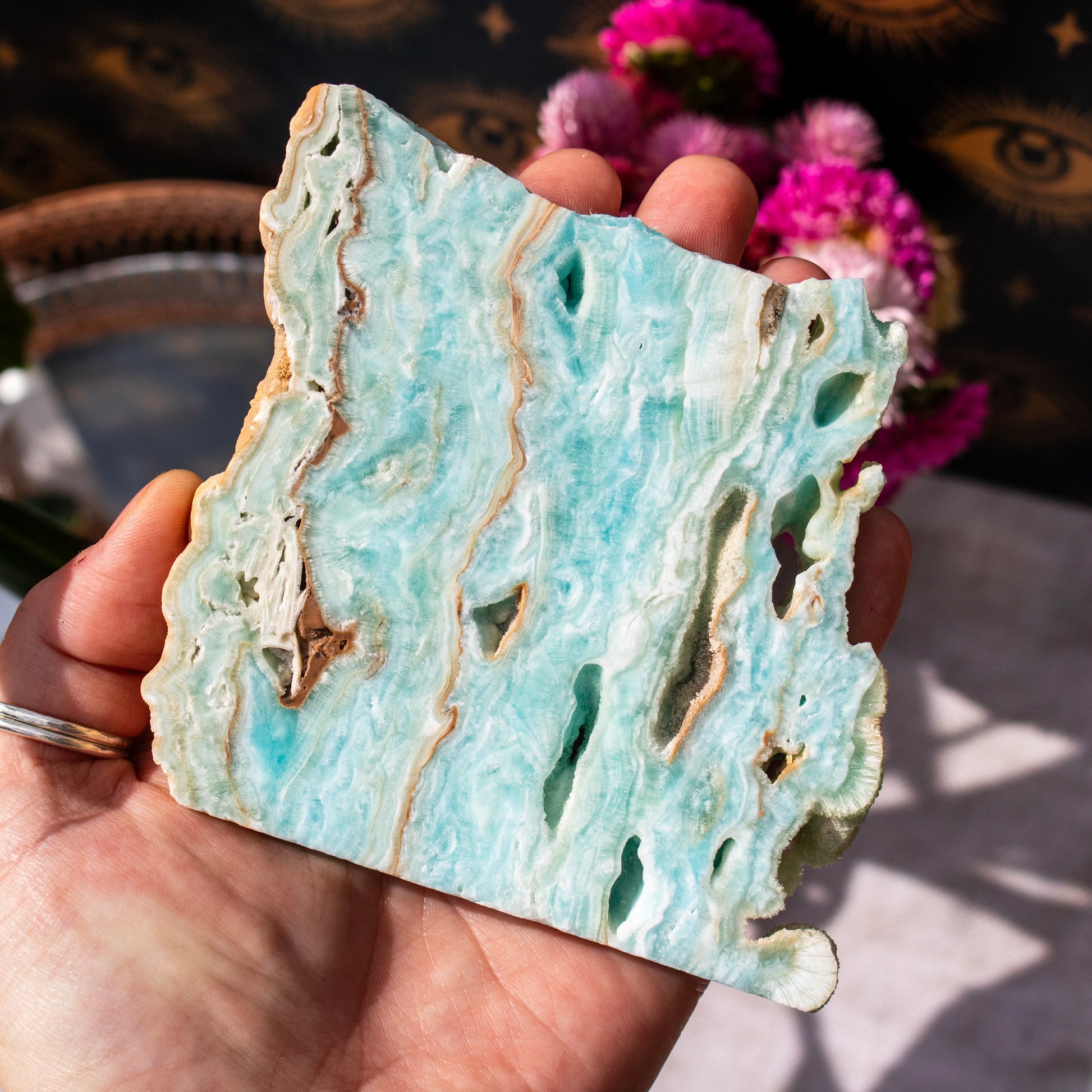 Hand holding a piece of light blue stone with brown patterns, blurred background with flowers.