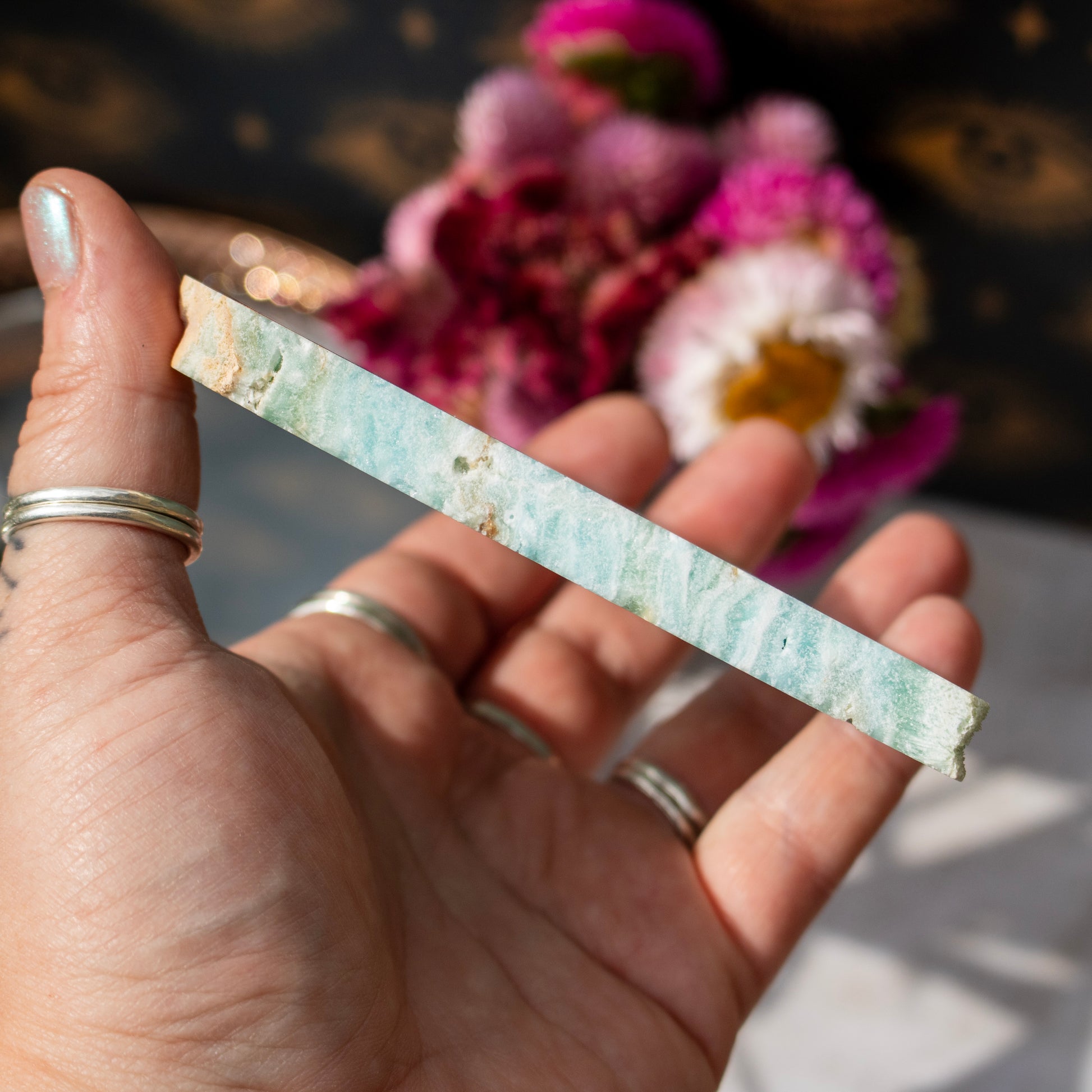 Hand holding a crystal with flowers in the background