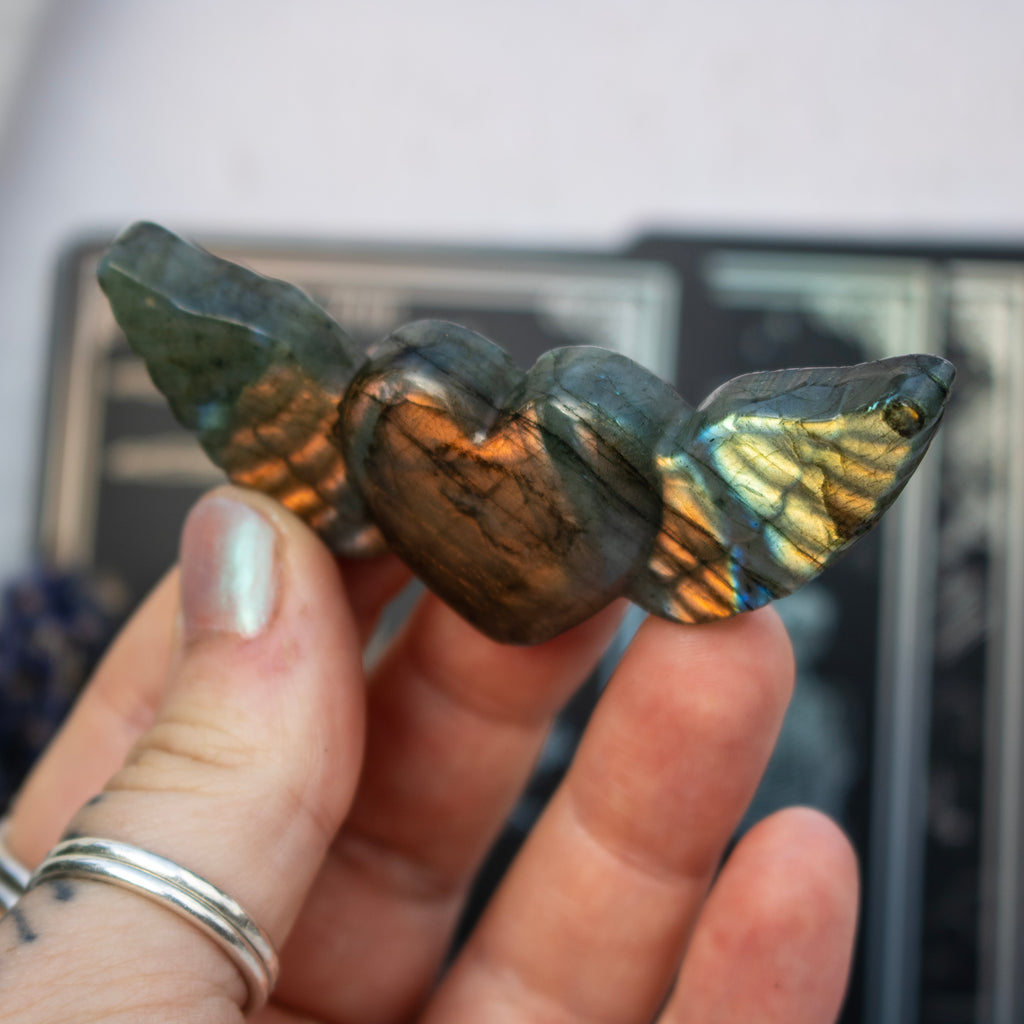 Carved Labradorite Heart with Wings
