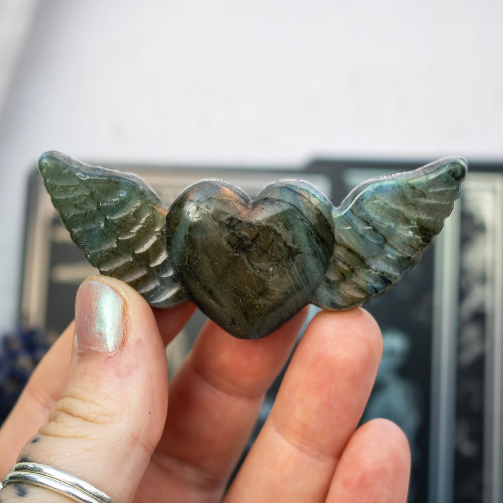 Carved Labradorite Heart with Wings