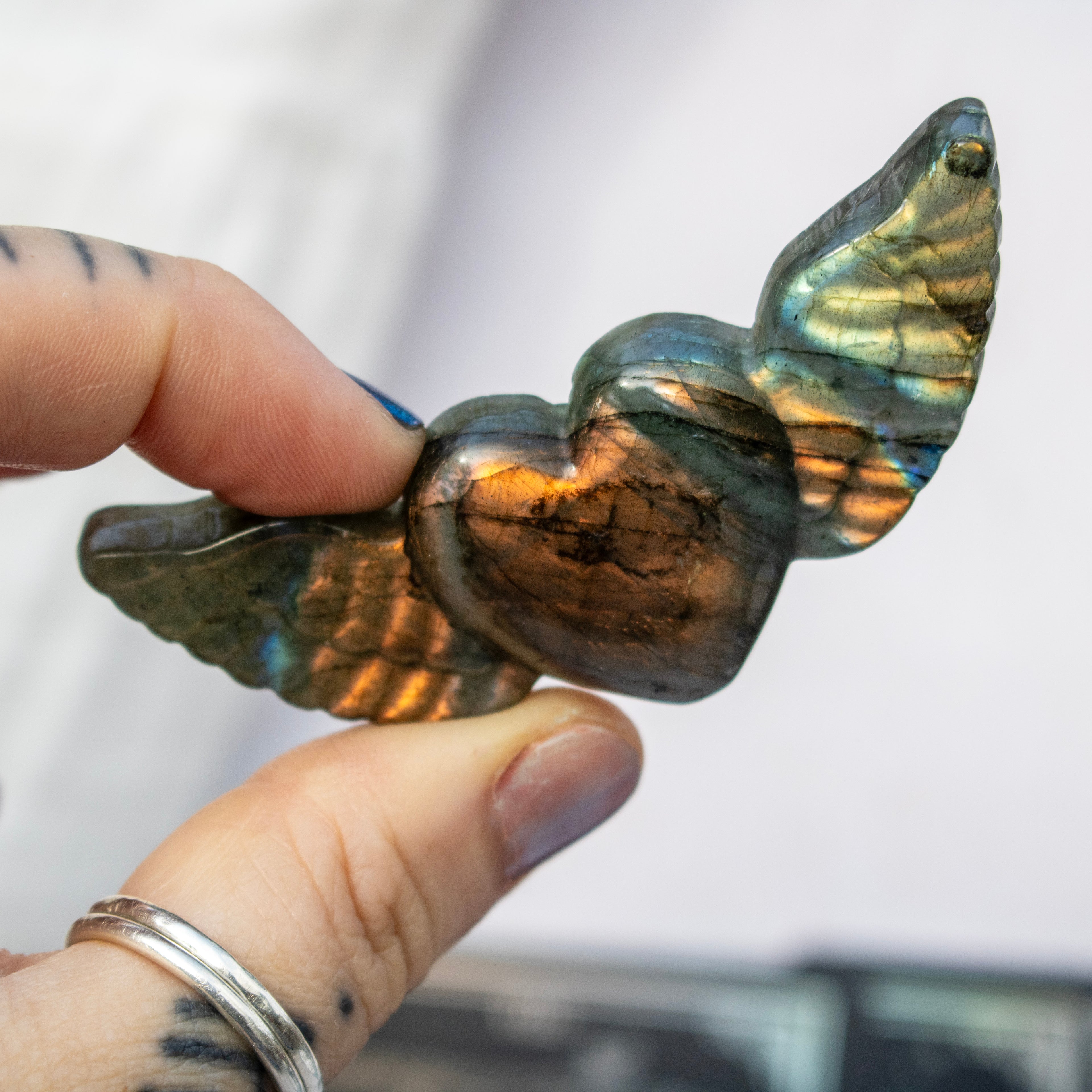 Carved Labradorite Heart with Wings
