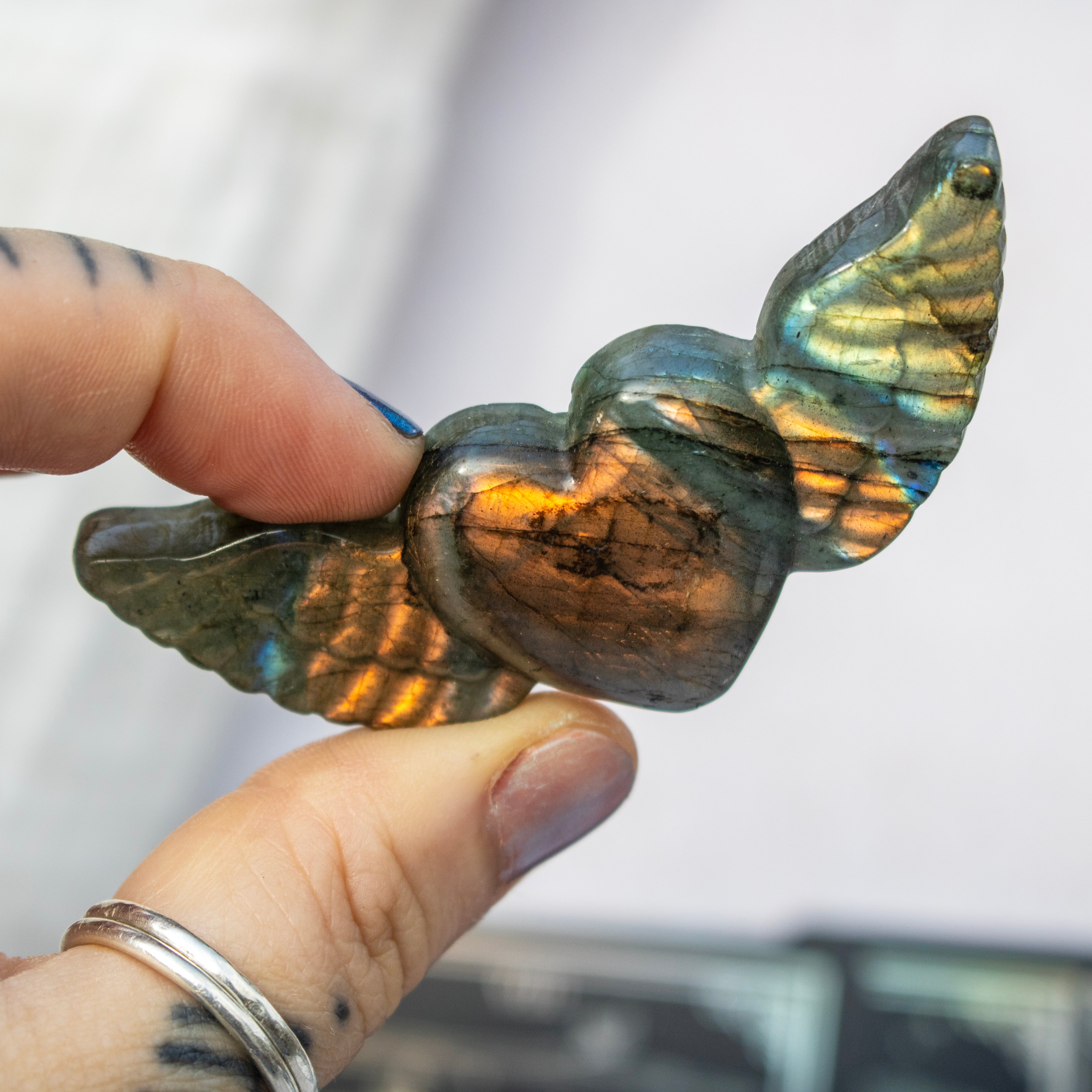 Carved Labradorite Heart with Wings