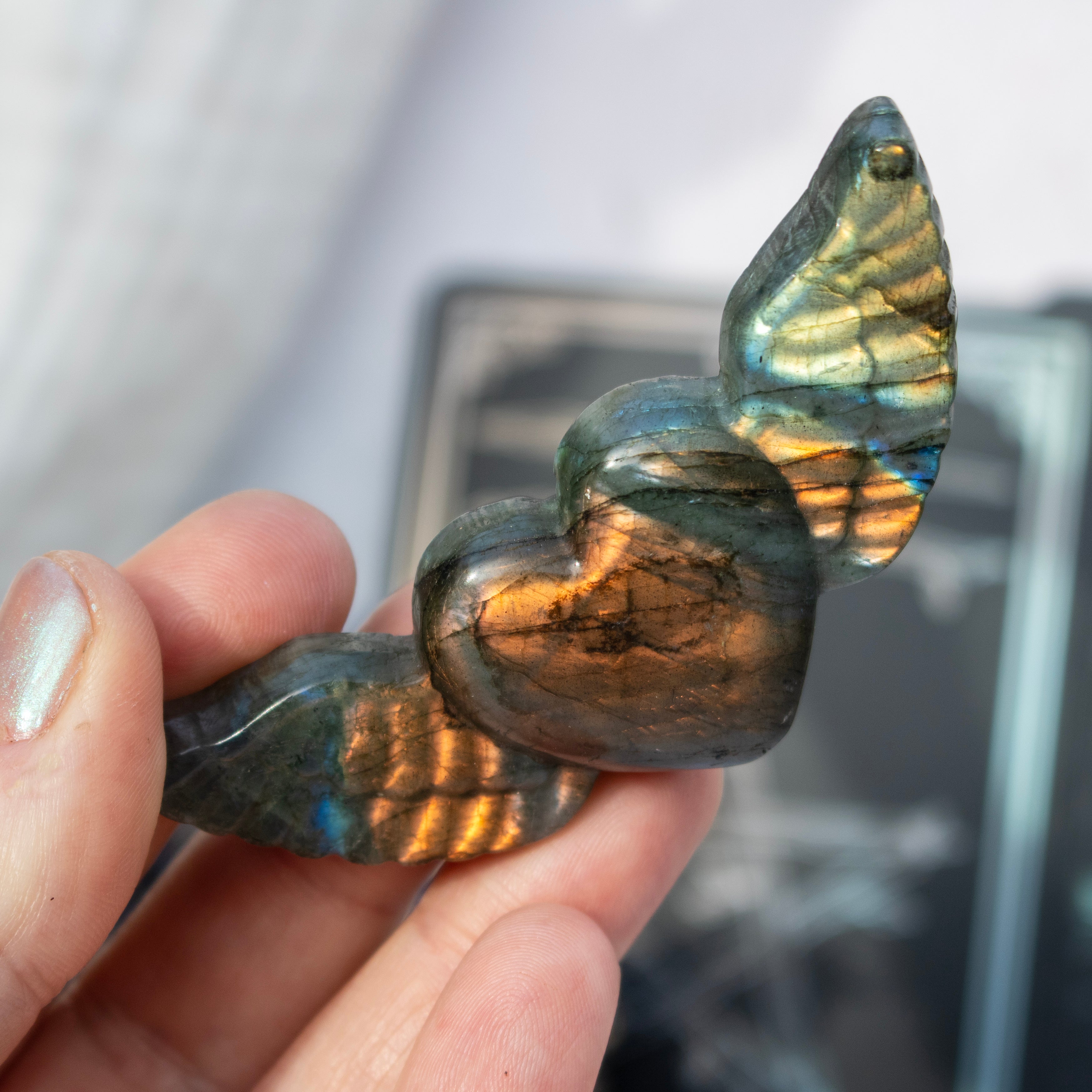 Carved Labradorite Heart with Wings