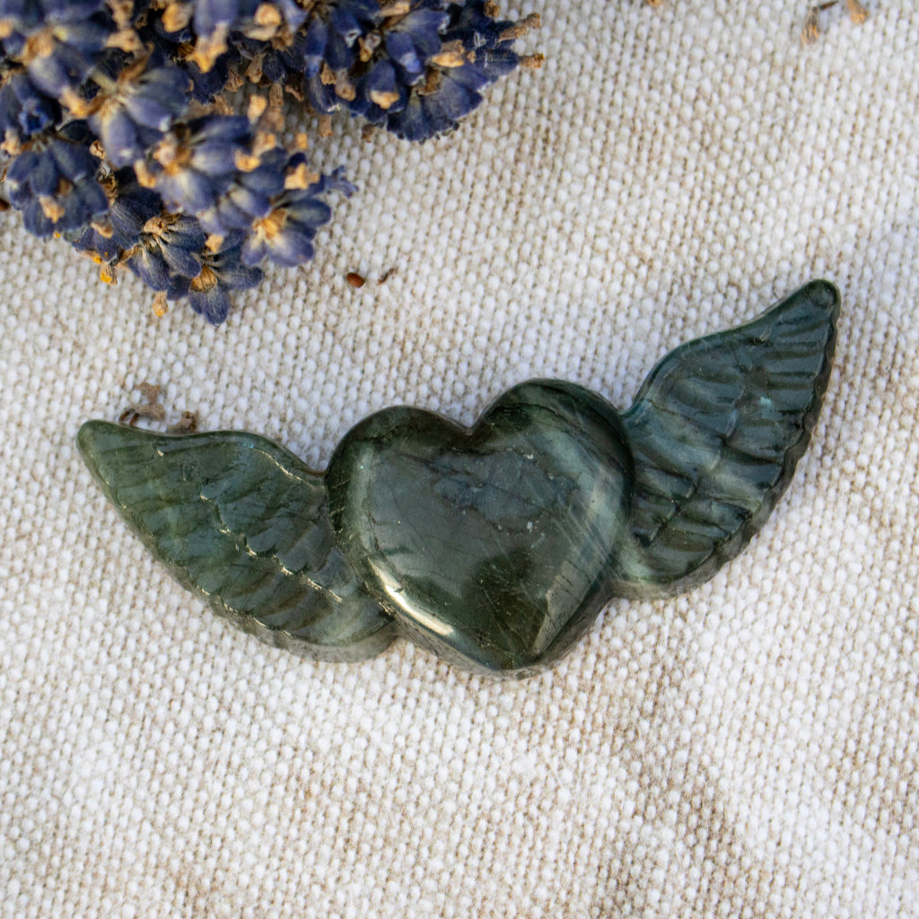 Carved Labradorite Heart with Wings