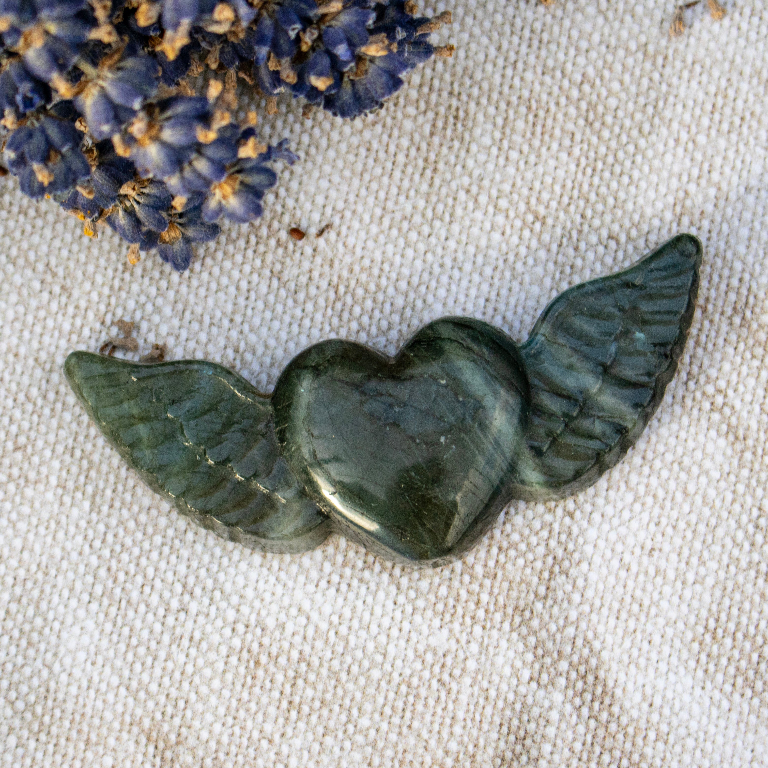 Carved Labradorite Heart with Wings