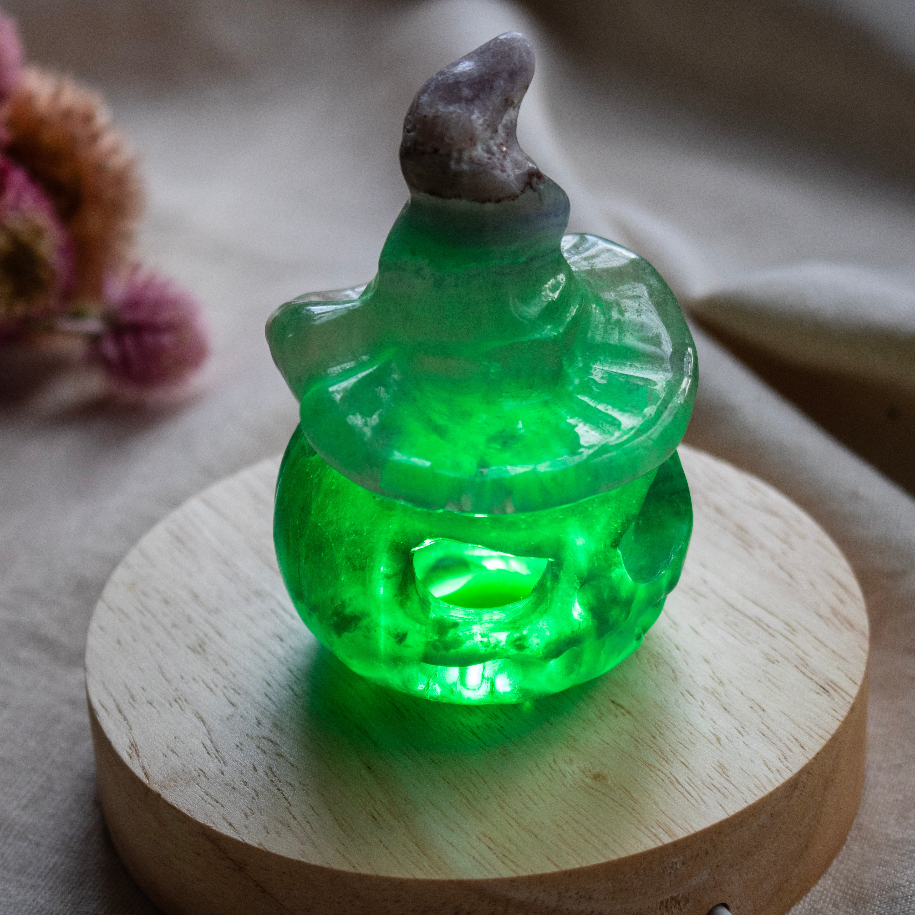 Rainbow Fluorite Hollow Pumpkin Witch Carving