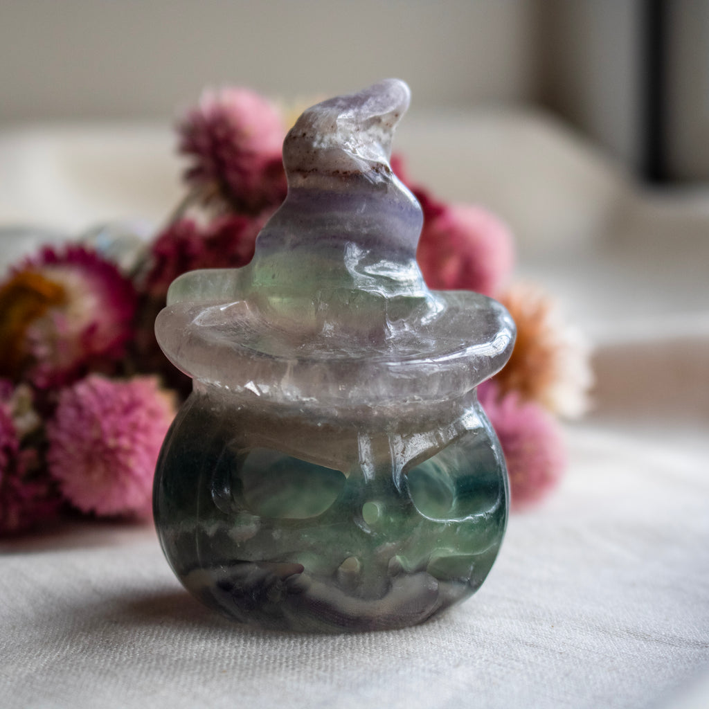 Rainbow Fluorite Hollow Pumpkin Witch Carving
