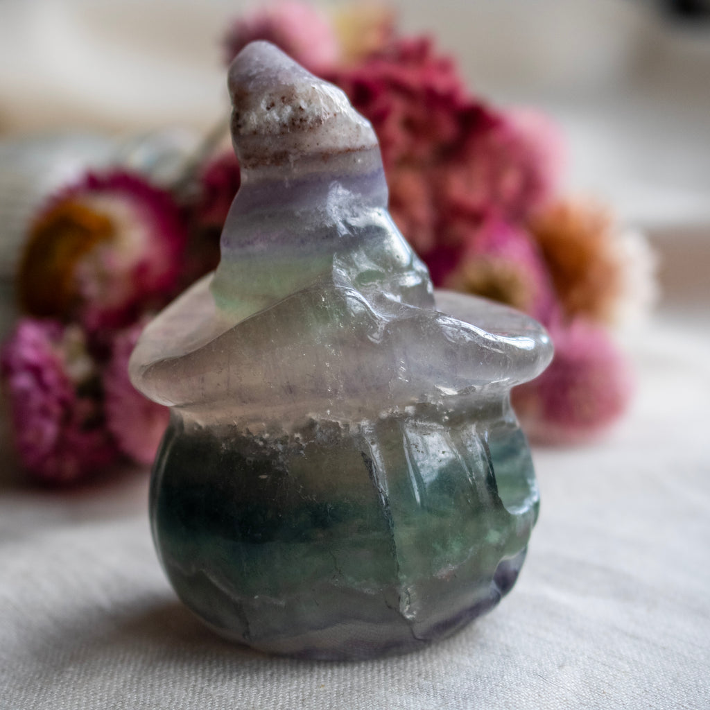Rainbow Fluorite Hollow Pumpkin Witch Carving