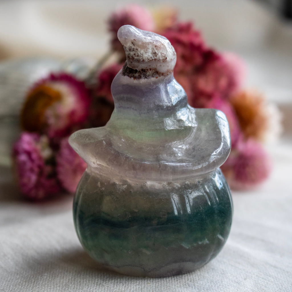 Rainbow Fluorite Hollow Pumpkin Witch Carving