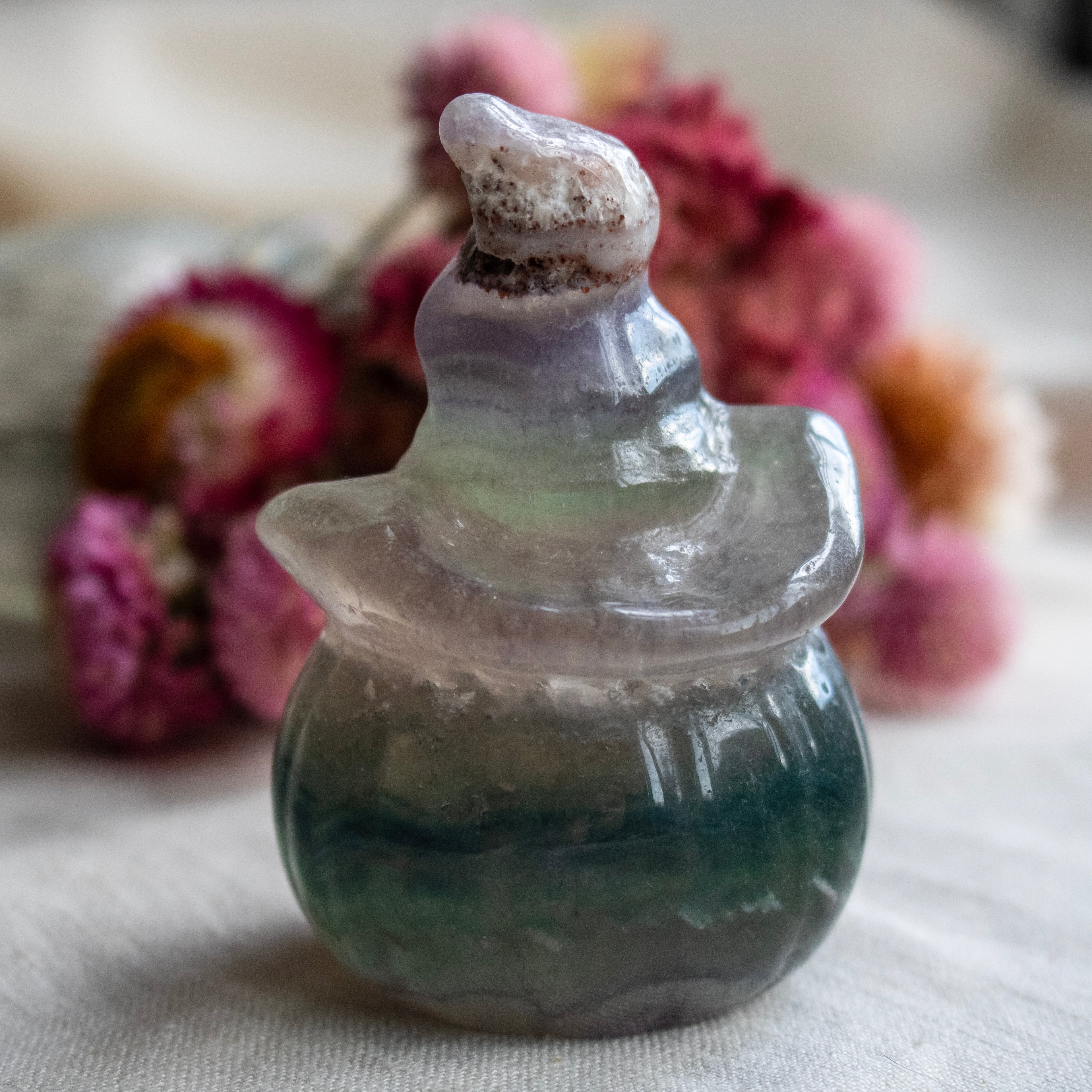 Rainbow Fluorite Hollow Pumpkin Witch Carving