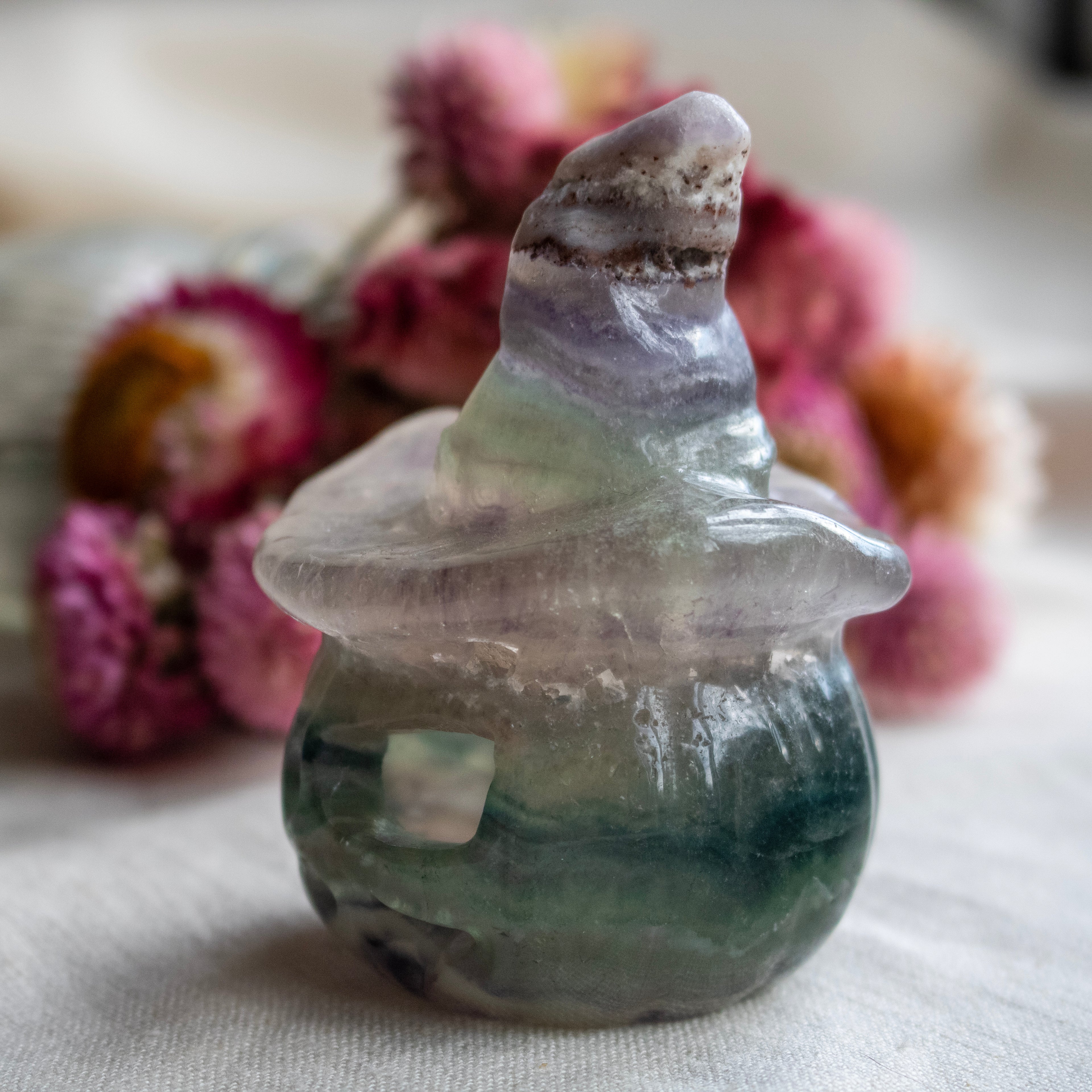 Rainbow Fluorite Hollow Pumpkin Witch Carving