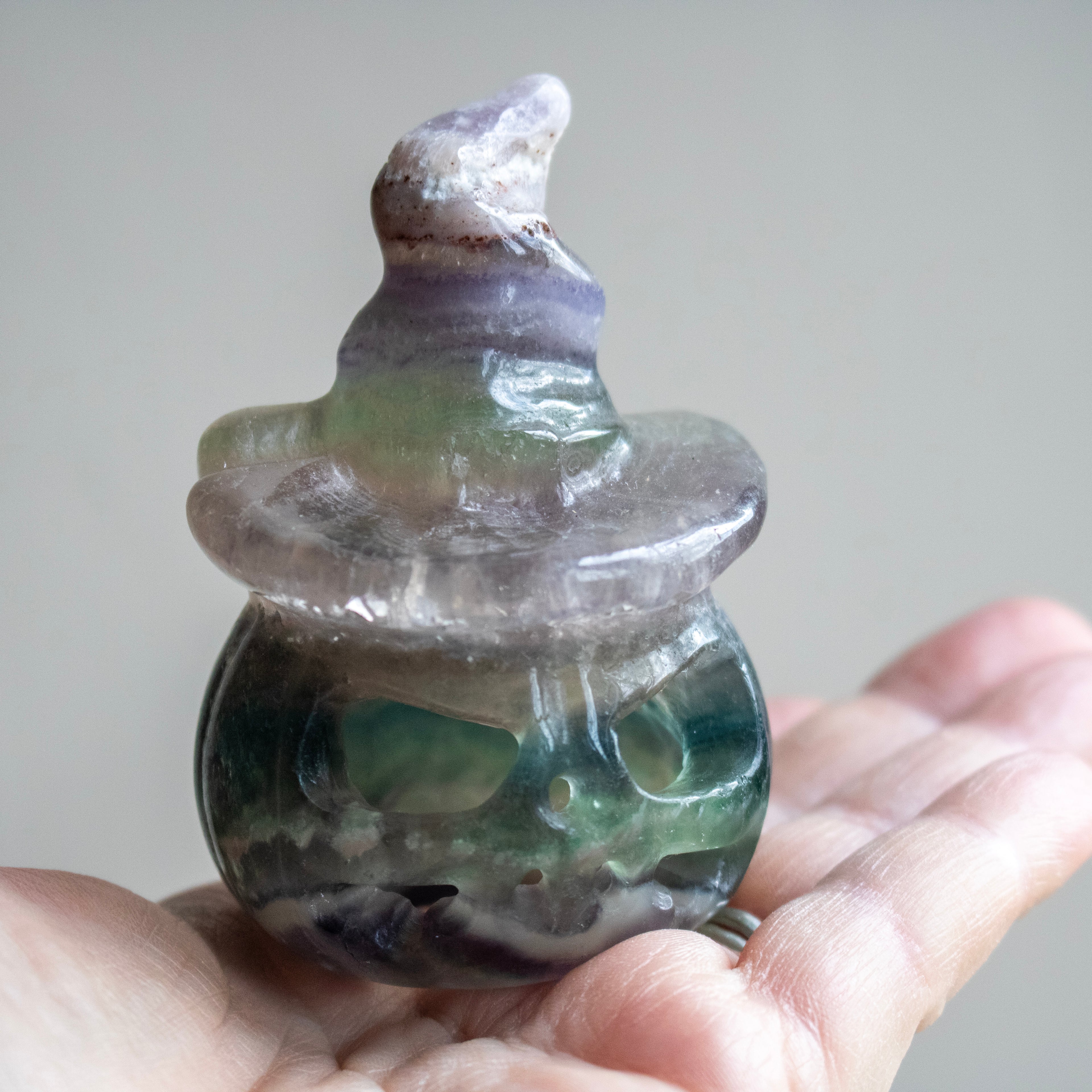 Rainbow Fluorite Hollow Pumpkin Witch Carving