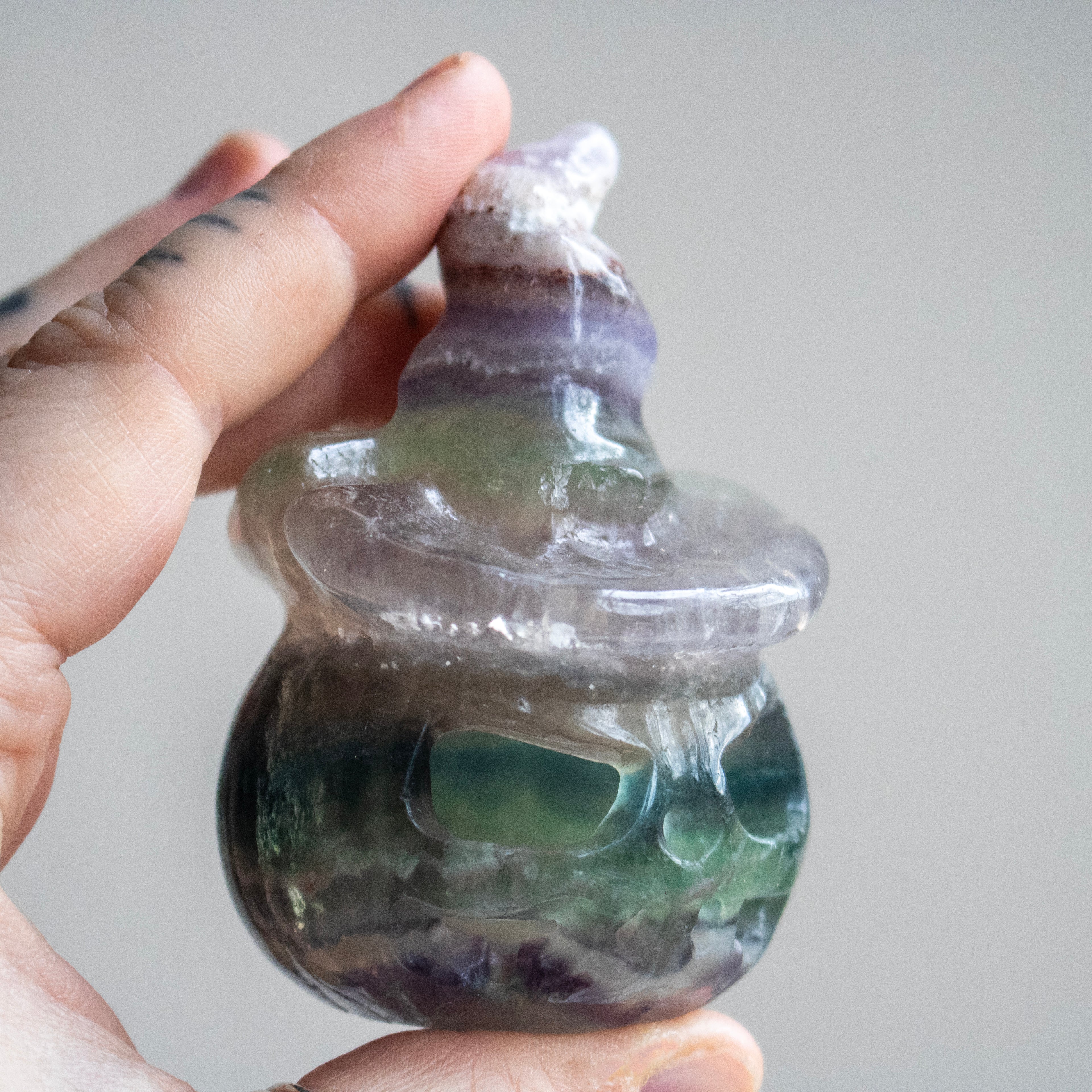 Rainbow Fluorite Hollow Pumpkin Witch Carving