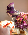 Rainbow Fluorite Moon on Metal Stand