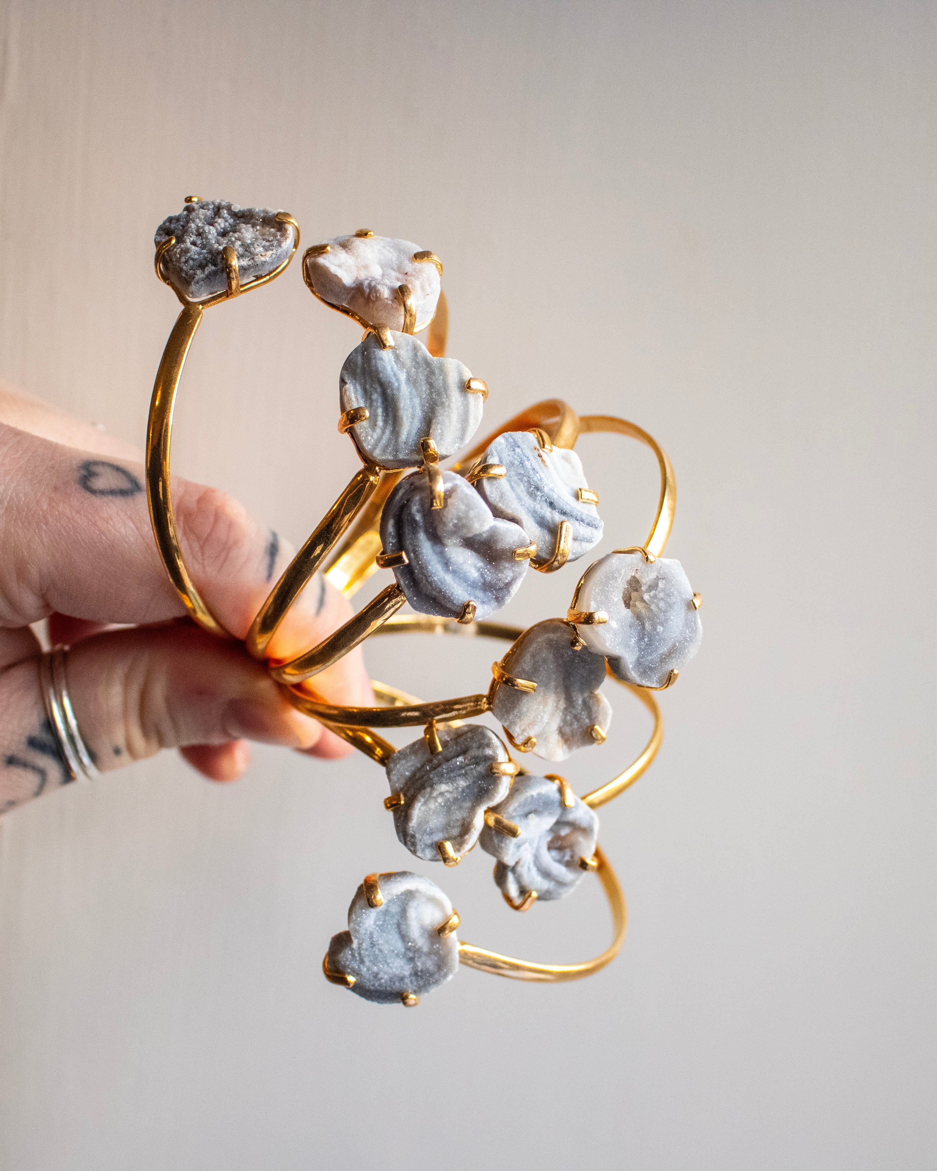 Gold Plated Adjustable Bracelet With Chalcedony Druzy Hearts