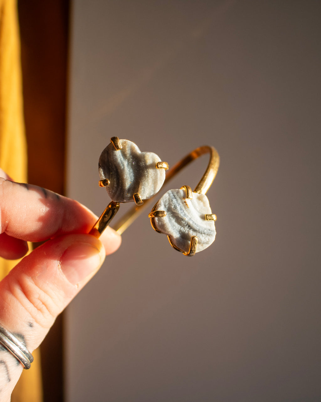 Gold Plated Adjustable Bracelet With Chalcedony Druzy Hearts