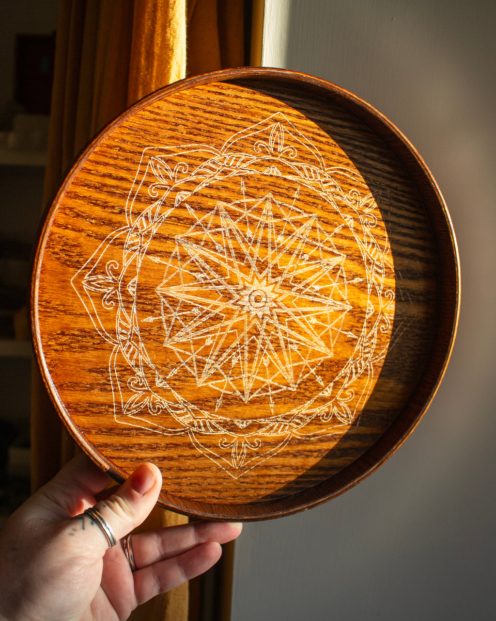 Round Wooden Tray With Etched Mandala Design
