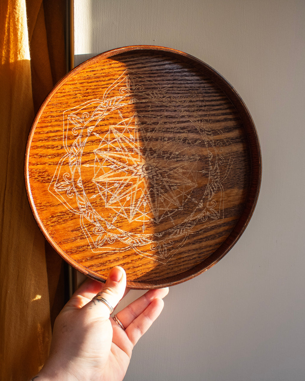 Round Wooden Tray With Etched Mandala Design