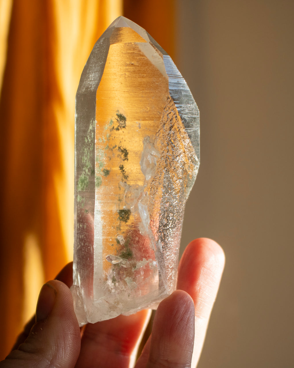 Clear Lemurian Quartz Point With Green Chlorite