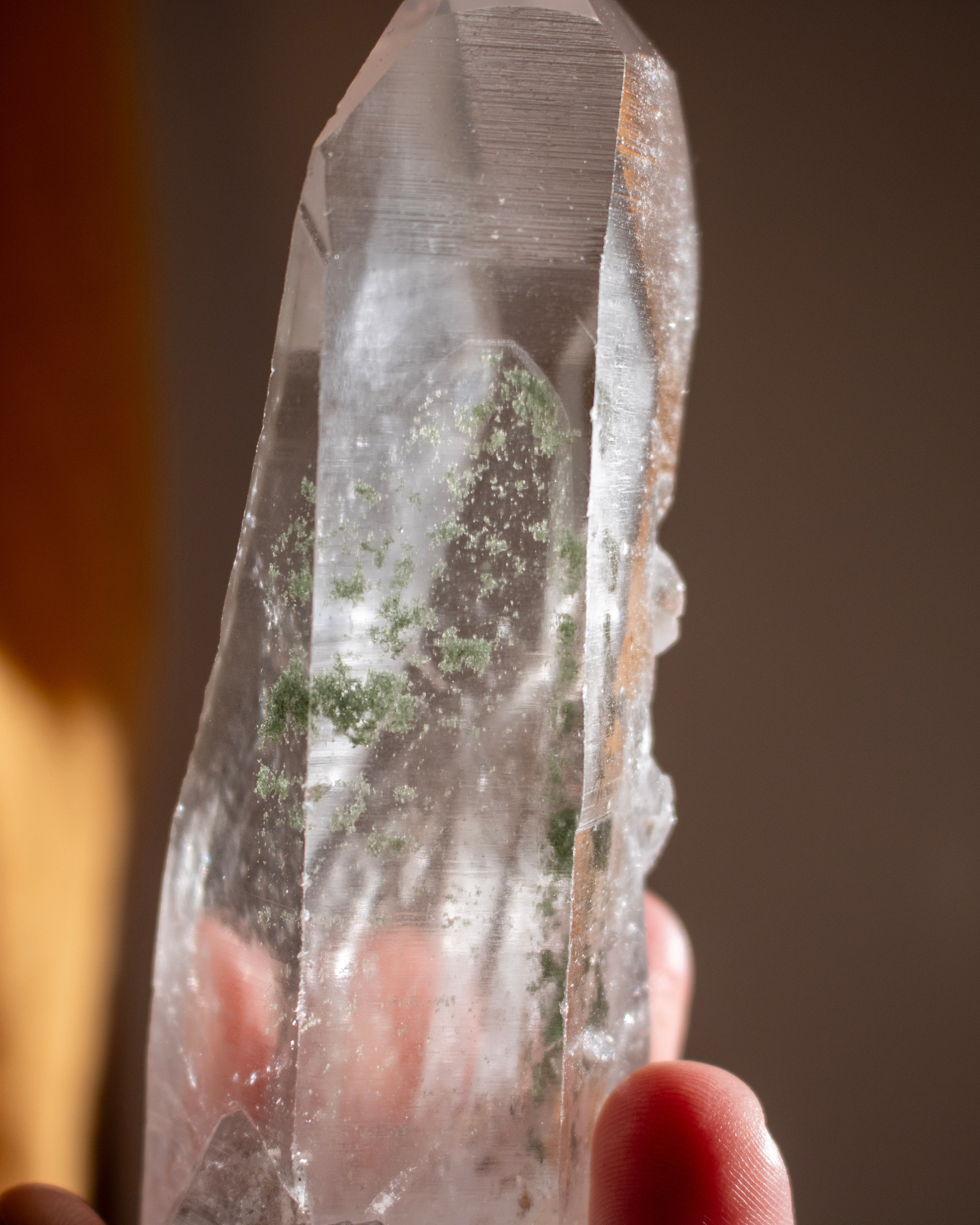 Clear Lemurian Quartz Point With Green Chlorite