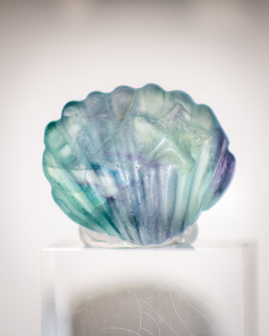 a green and purple ribbed scallop shell shape stone with a small starfish 