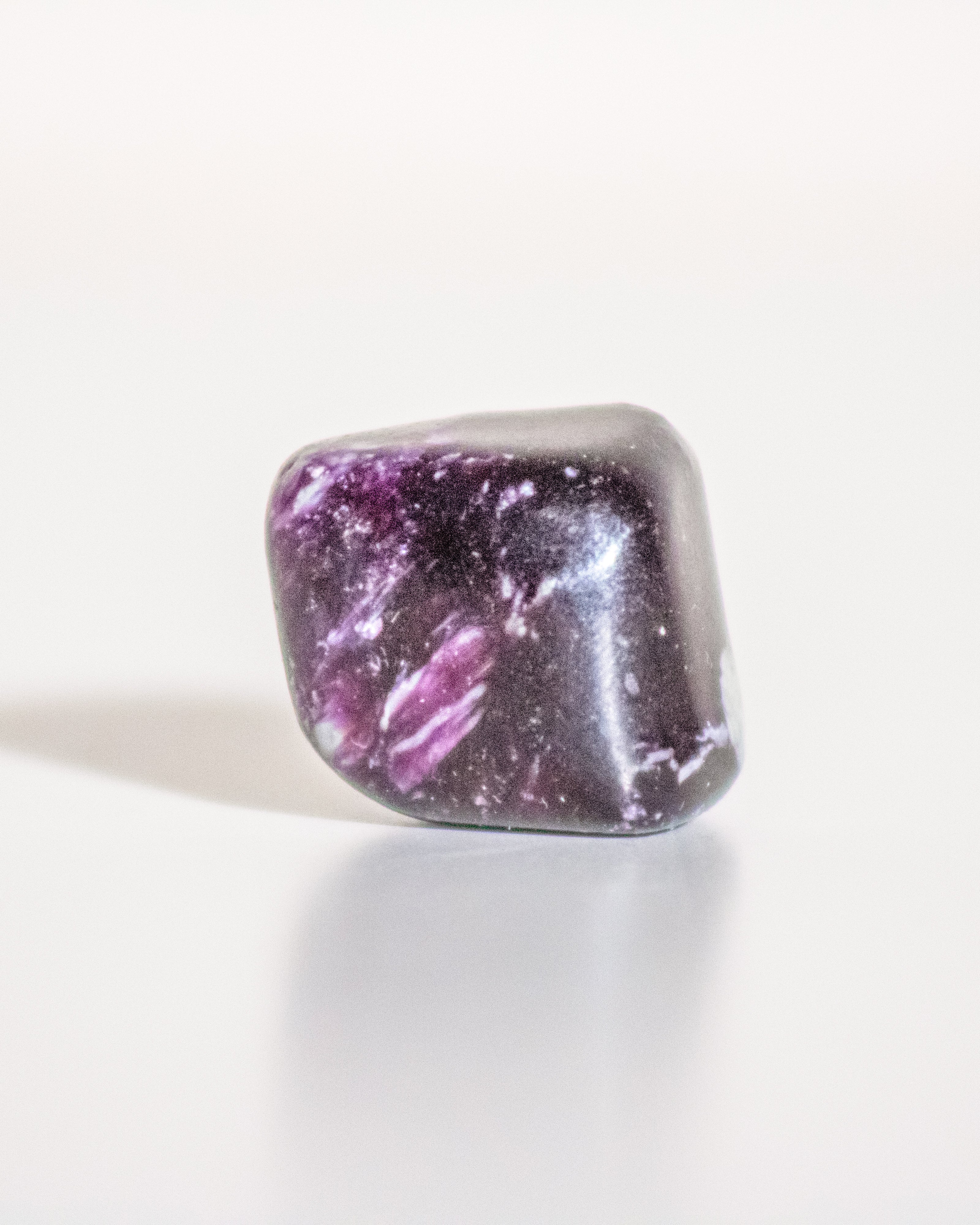 a dark purple stone with white flecks on a plain white background