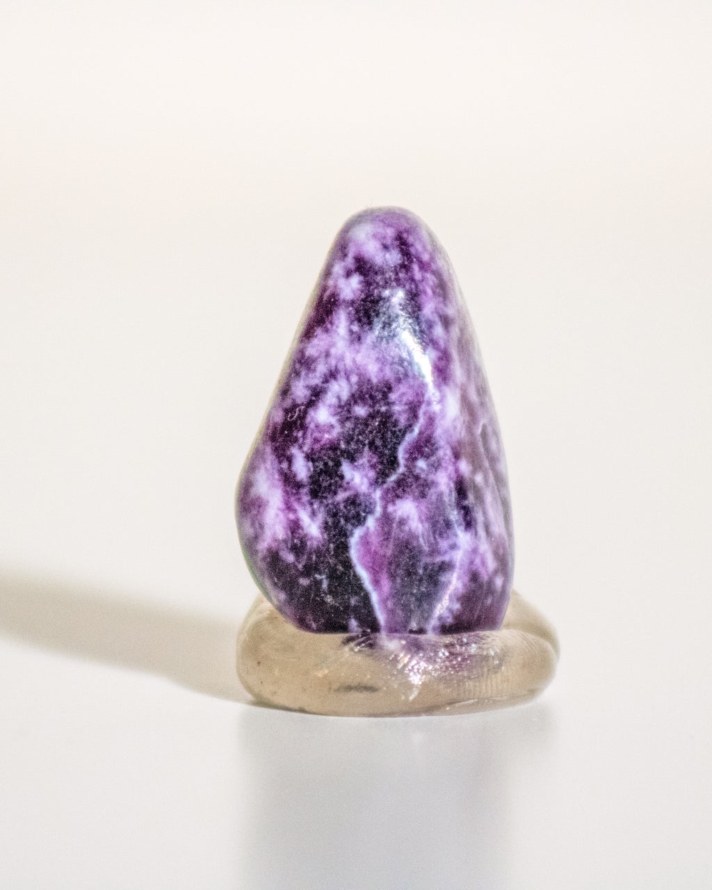 a dark purple stone with white flecks on a plain white background