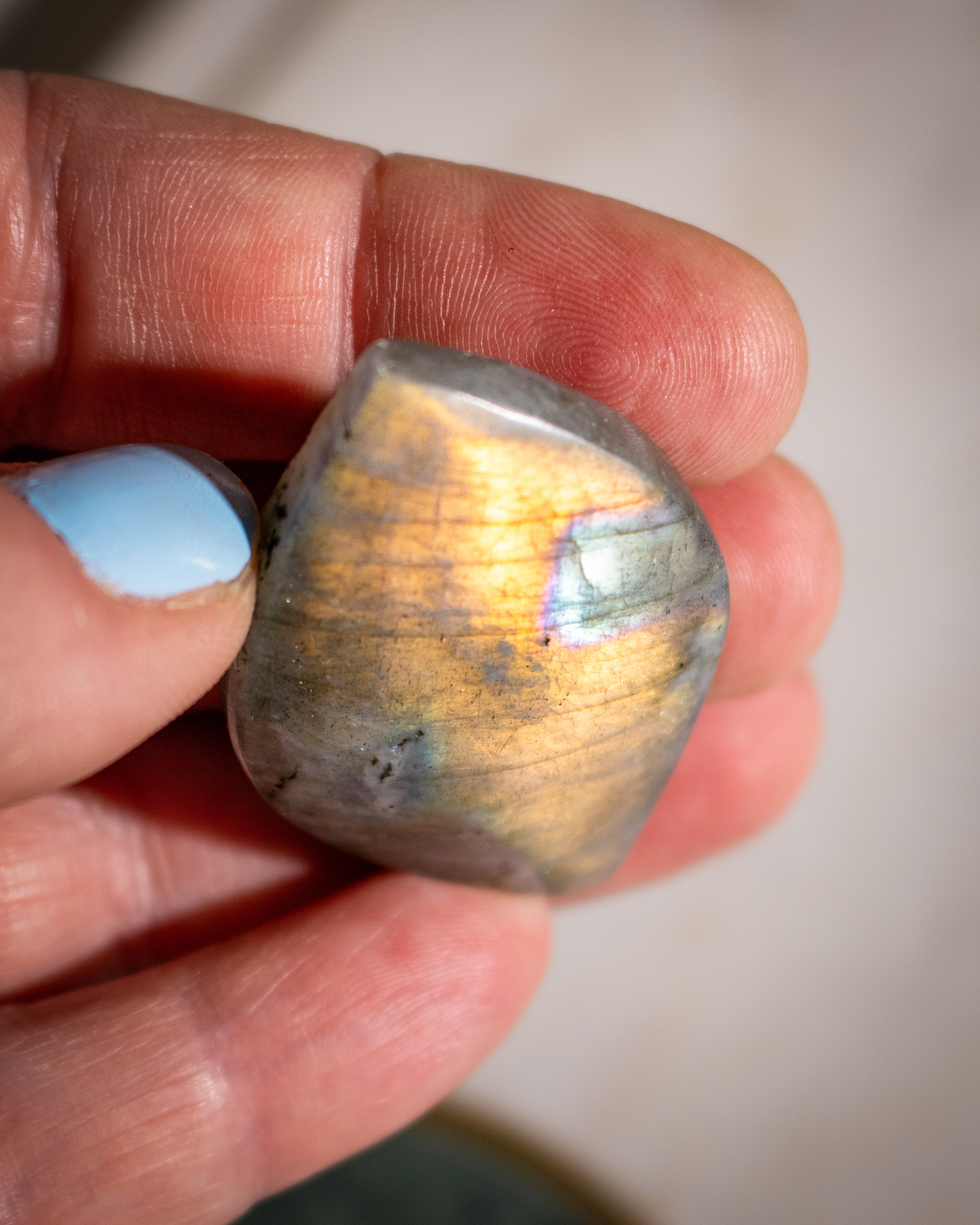 Hand holding a labradorite stone with a reflective surface