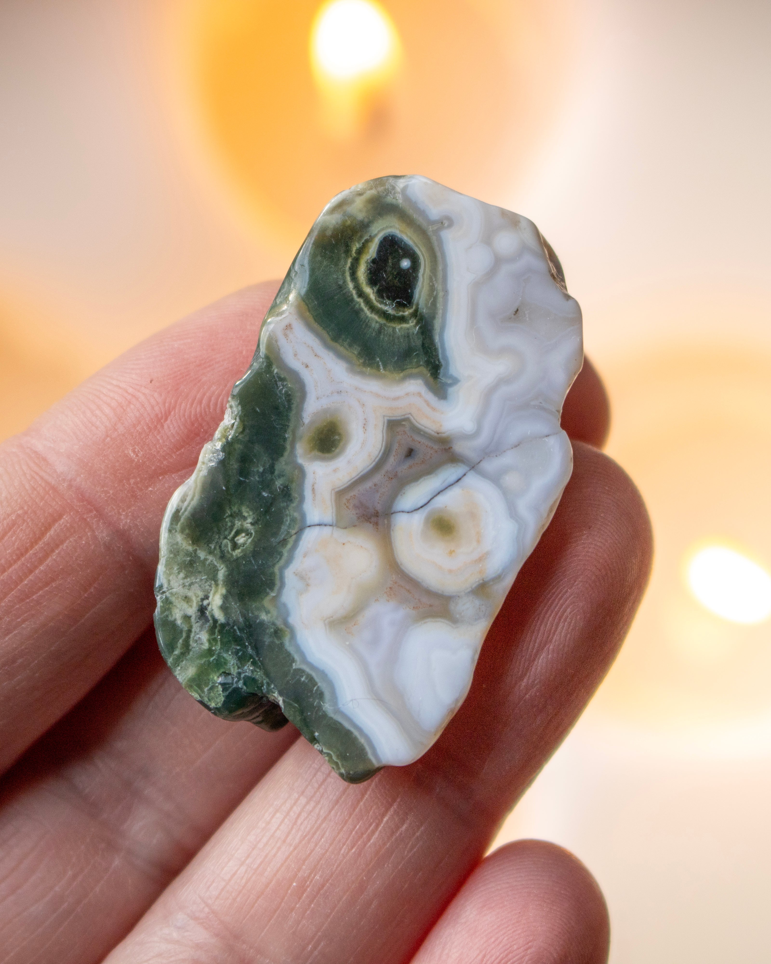 a sea jasper stone in the hand with a blurred background
