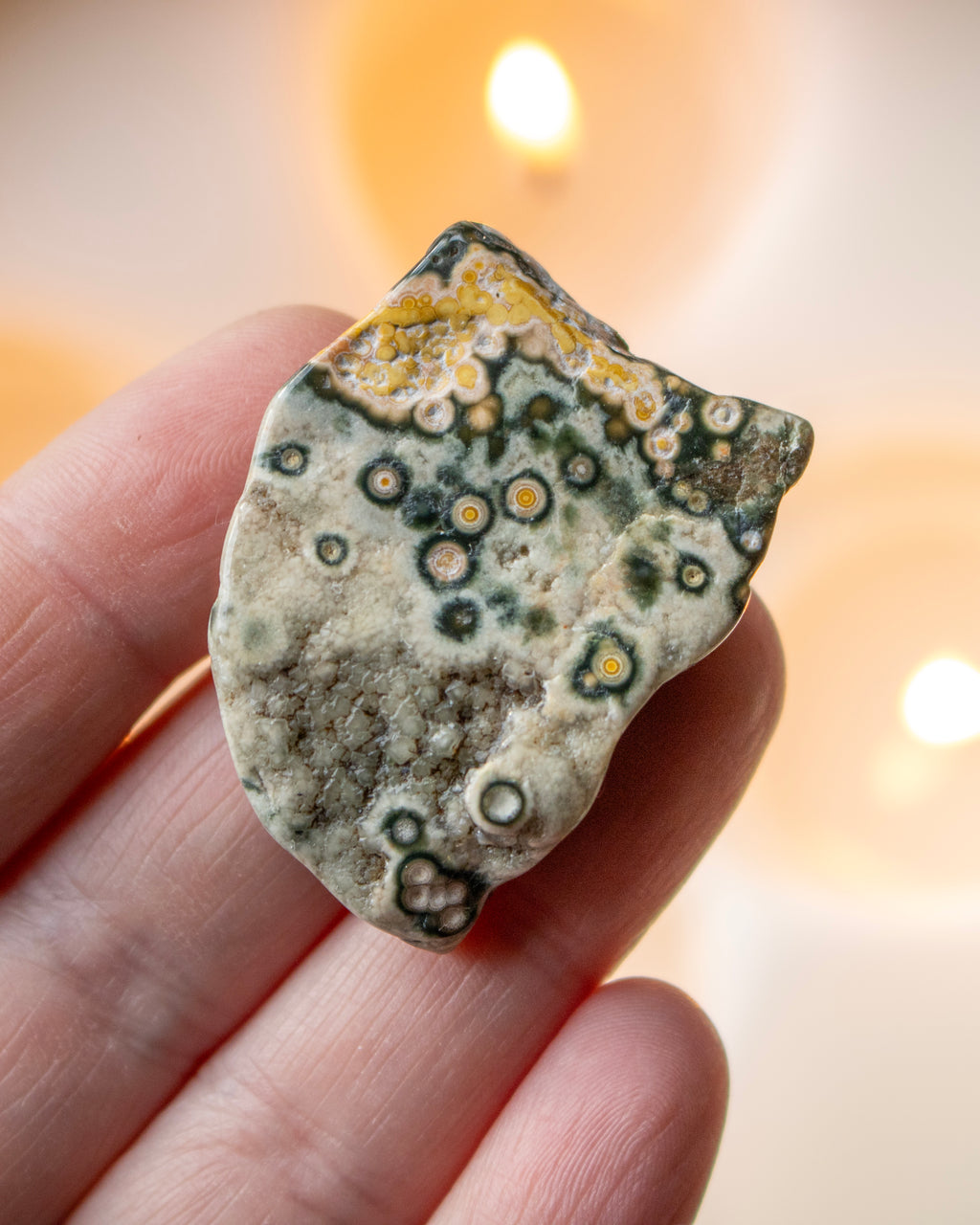 a sea jasper stone in the hand with a blurred background